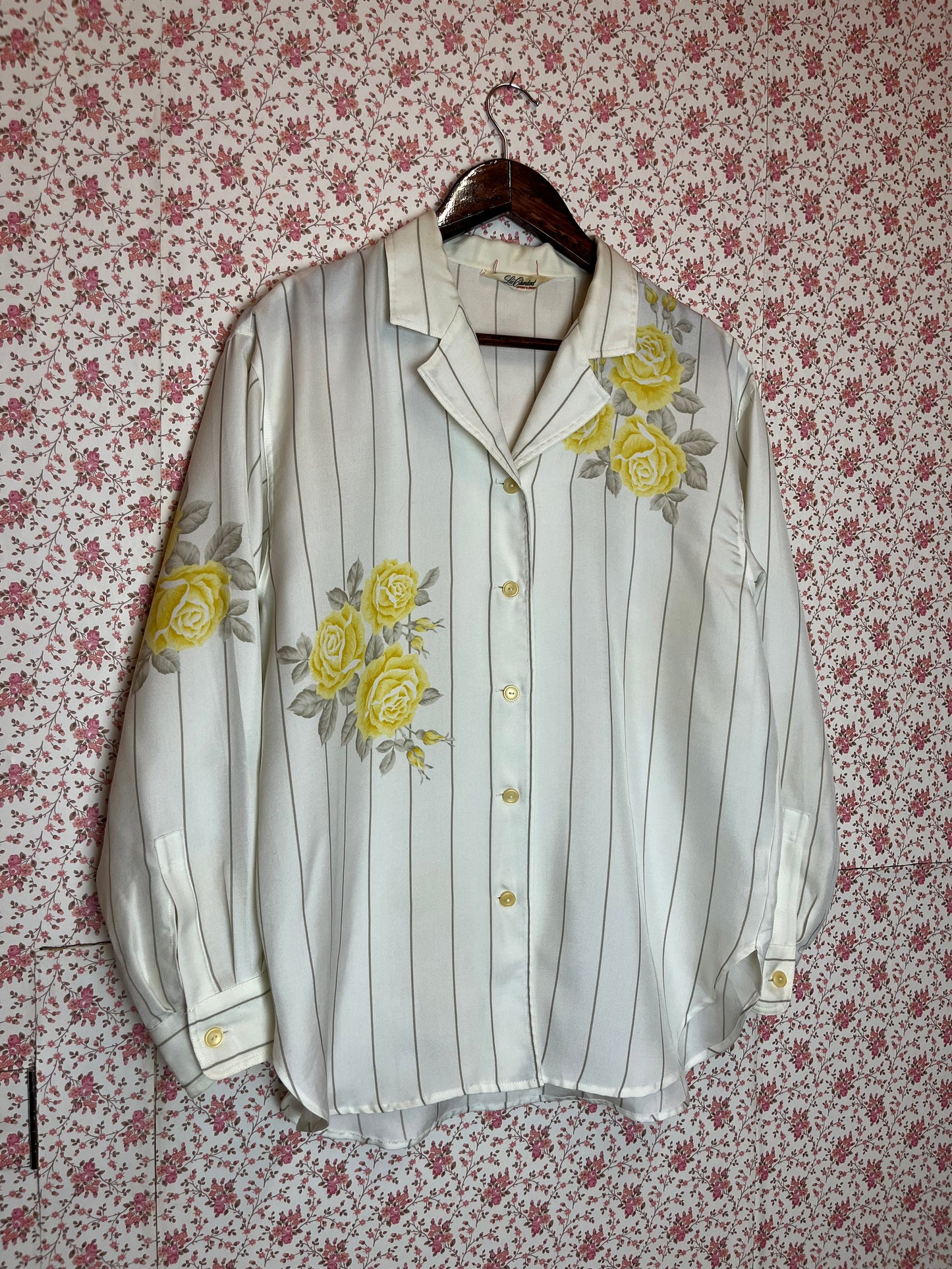 Vintage 1980s Striped Shirt with Yellow Roses