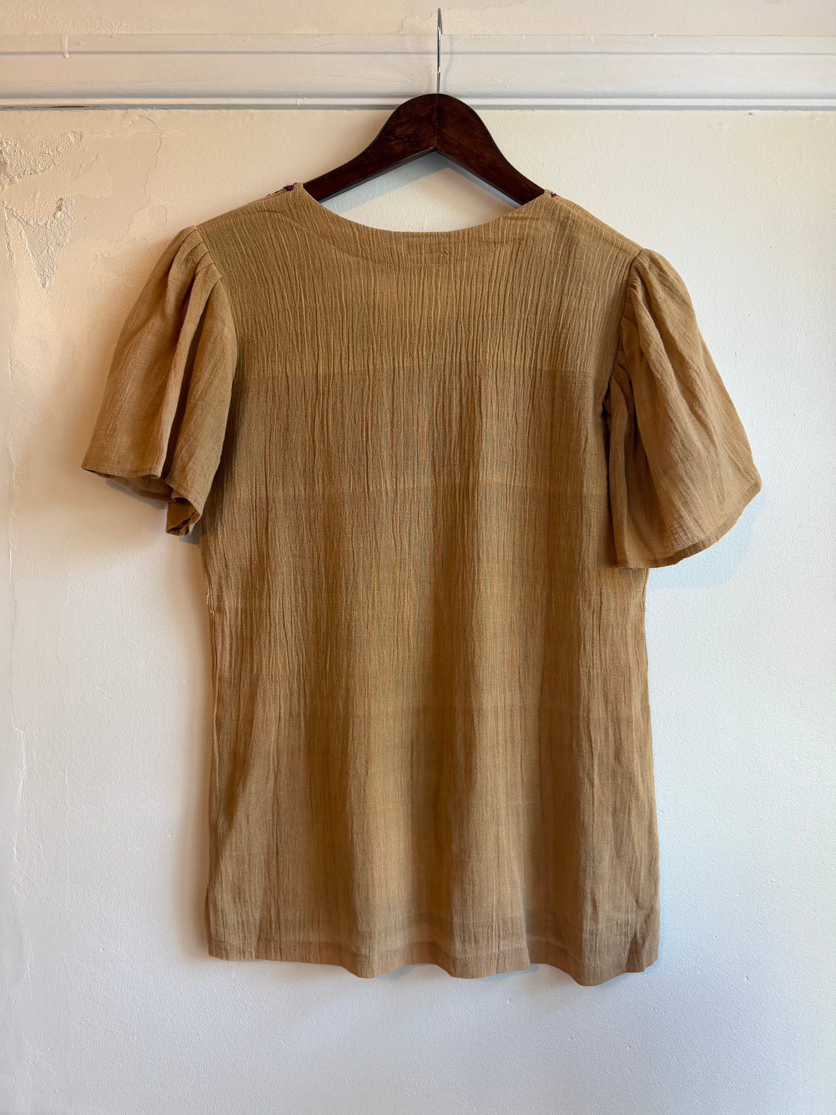Vintage 1970s Tan Cotton Embroidered Square Neck Top - Size Small/Medium