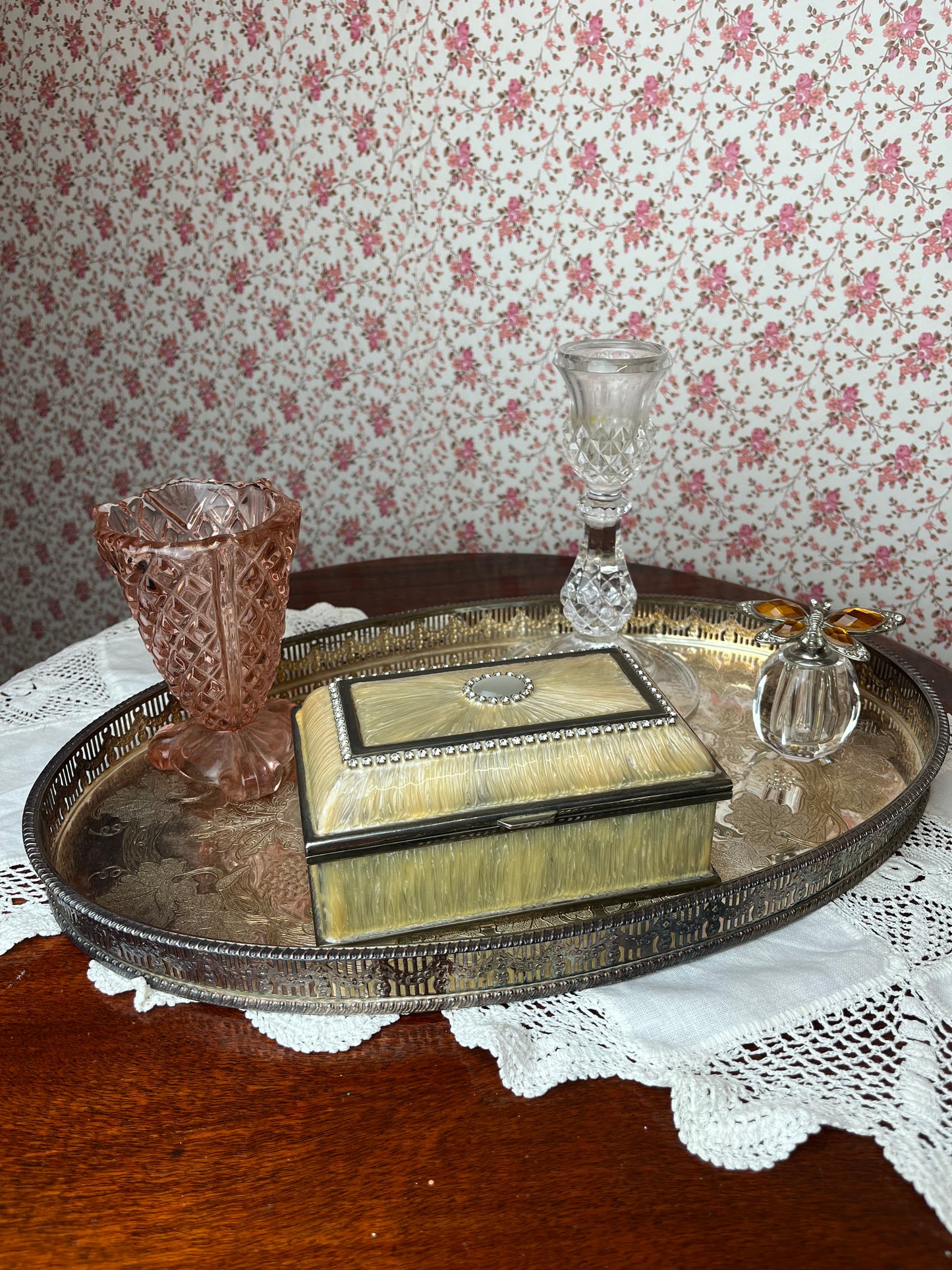 Vintage Silver Plated Ivory Resin Jewellery Box