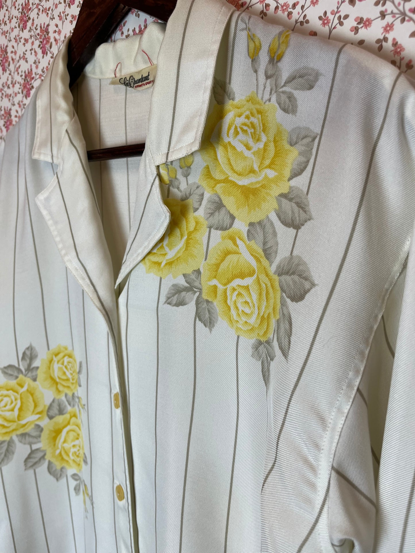 Vintage 1980s Striped Shirt with Yellow Roses