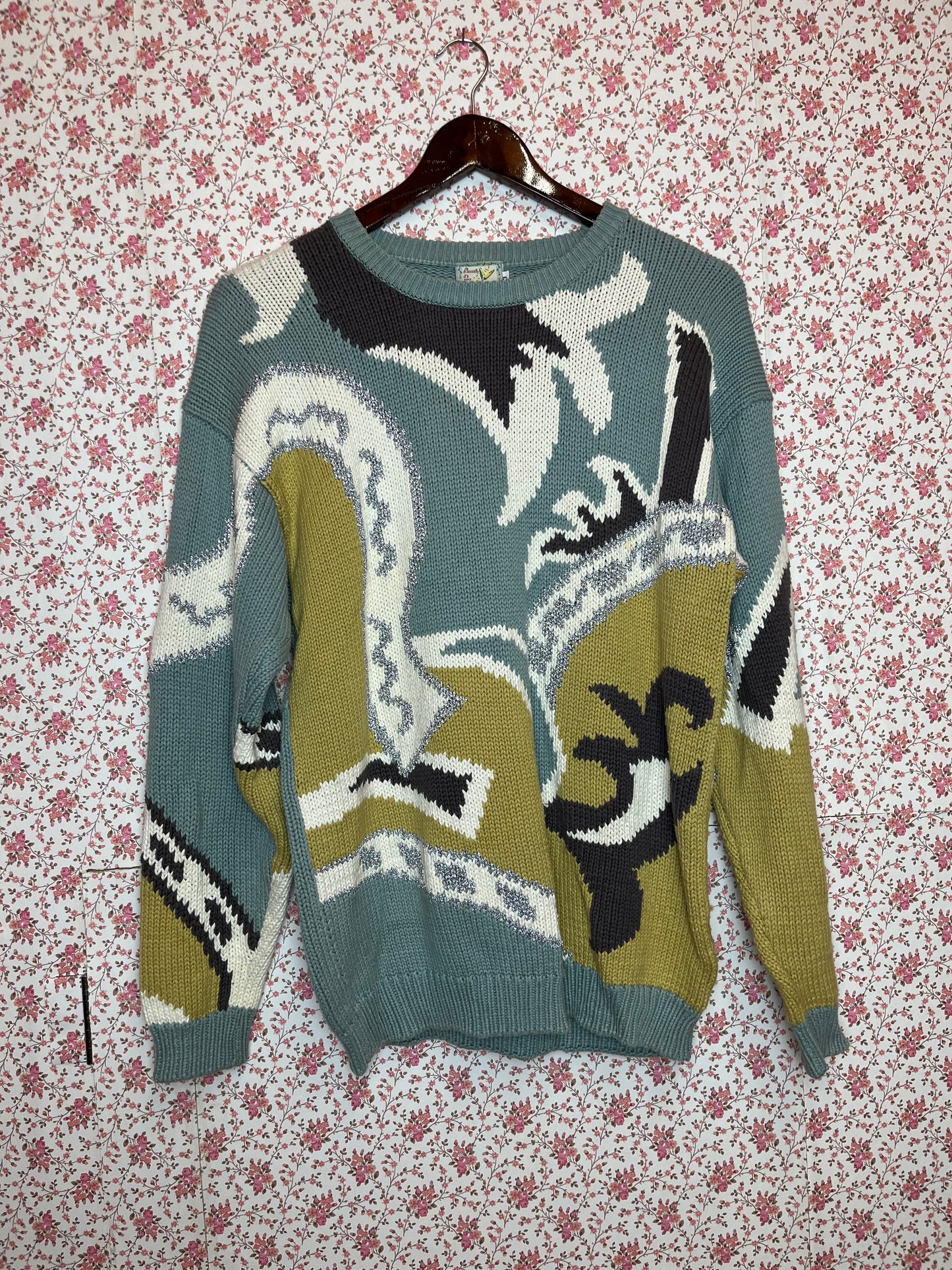 Vintage 1980s Blue & Yellow Abstract Pattern Knitted Cotton Jumper