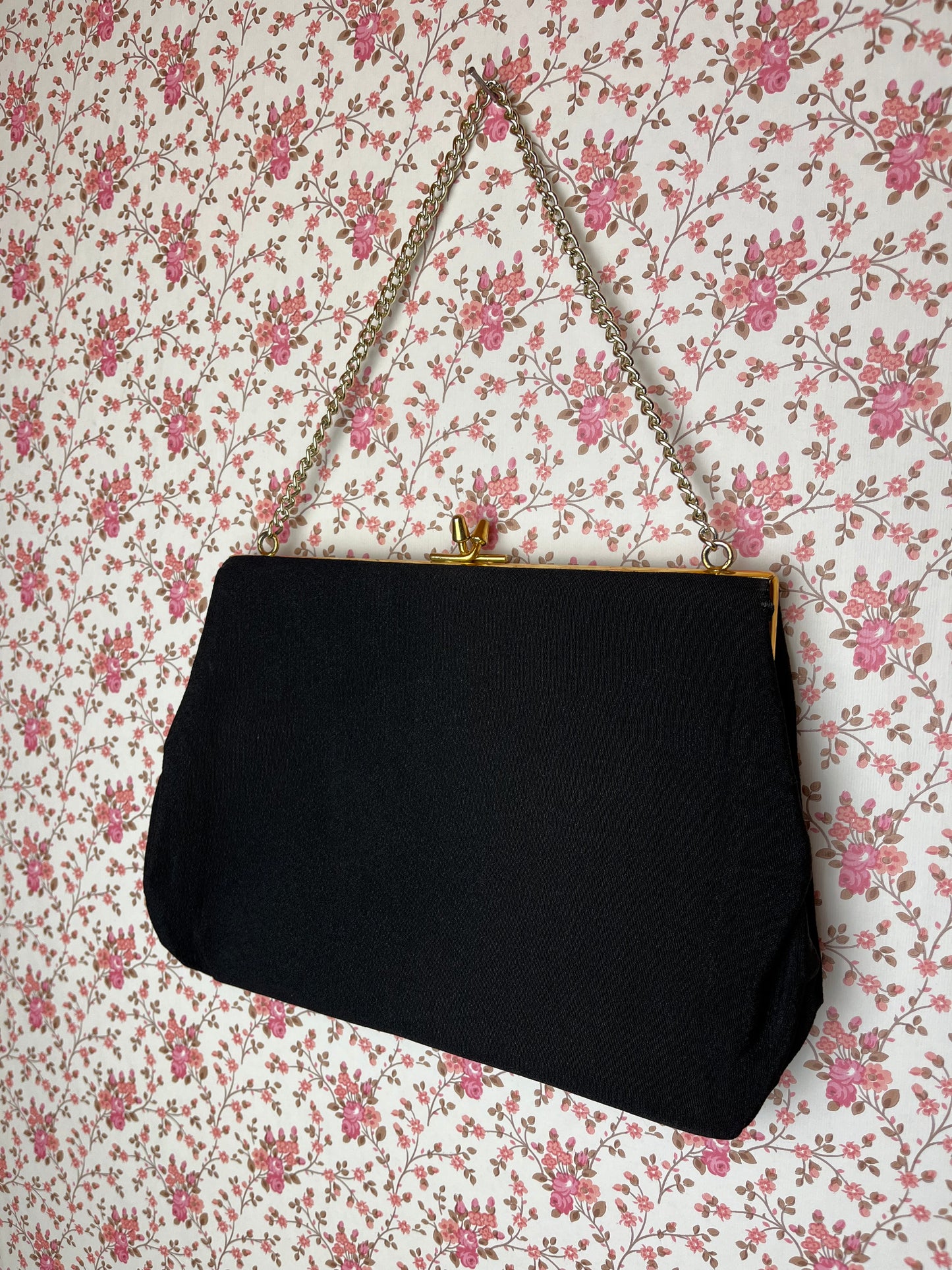 Vintage 1950s Crosstitch Embroidered Black Evening Bag