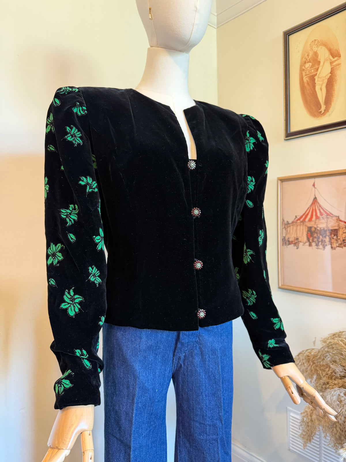 Vintage 1980s Black Velvet Green Floral Jacket - Size Medium