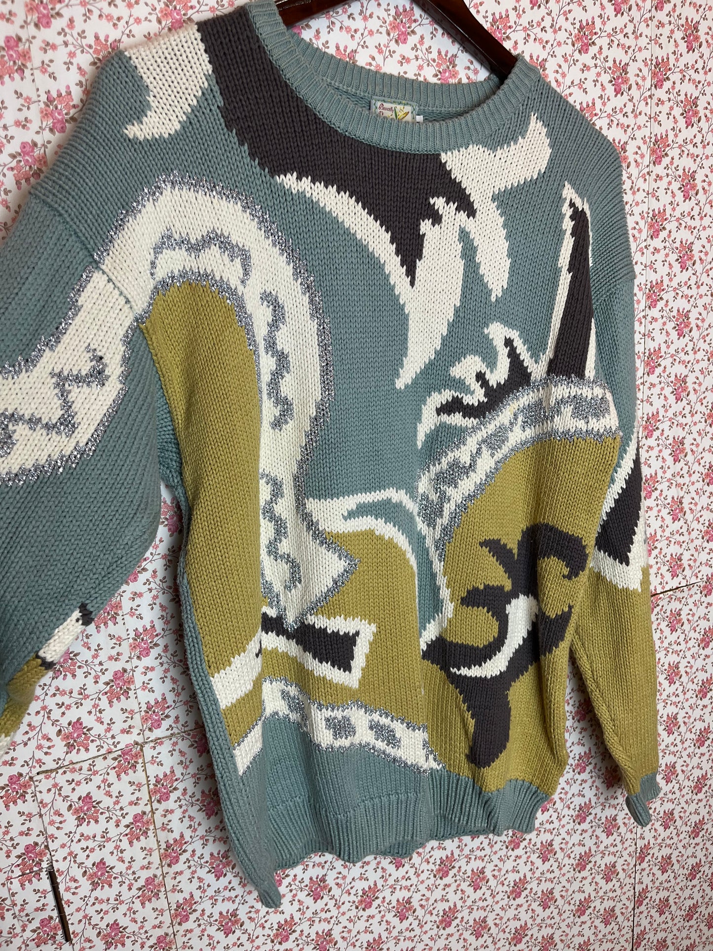 Vintage 1980s Blue & Yellow Abstract Pattern Knitted Cotton Jumper