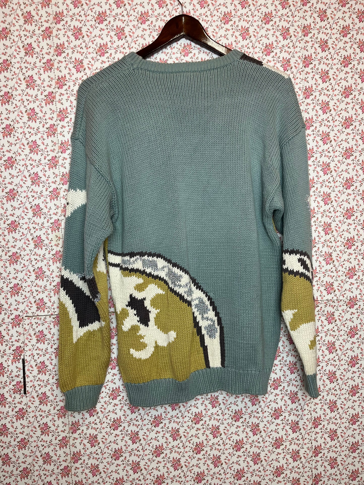 Vintage 1980s Blue & Yellow Abstract Pattern Knitted Cotton Jumper