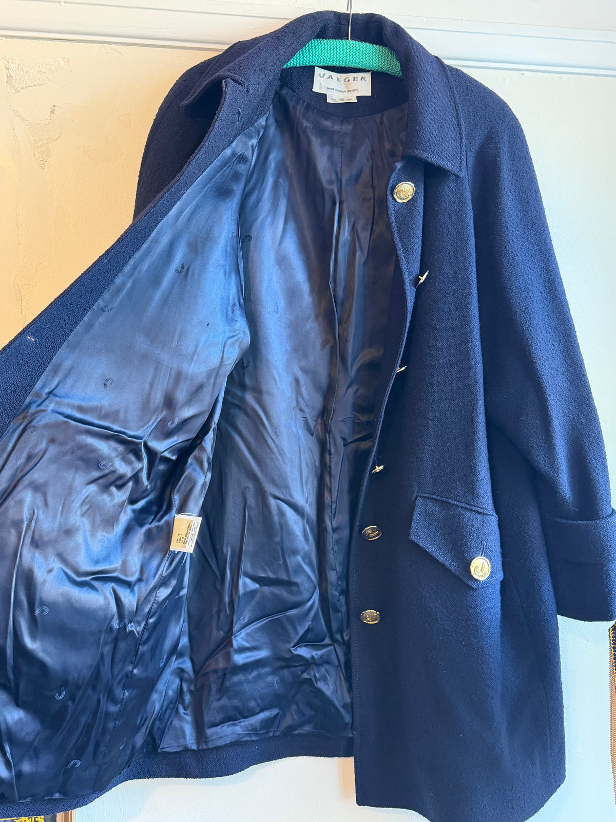 Vintage 1980s Jaeger Navy Blue Pure Wool Gold Button Coat - Size Large