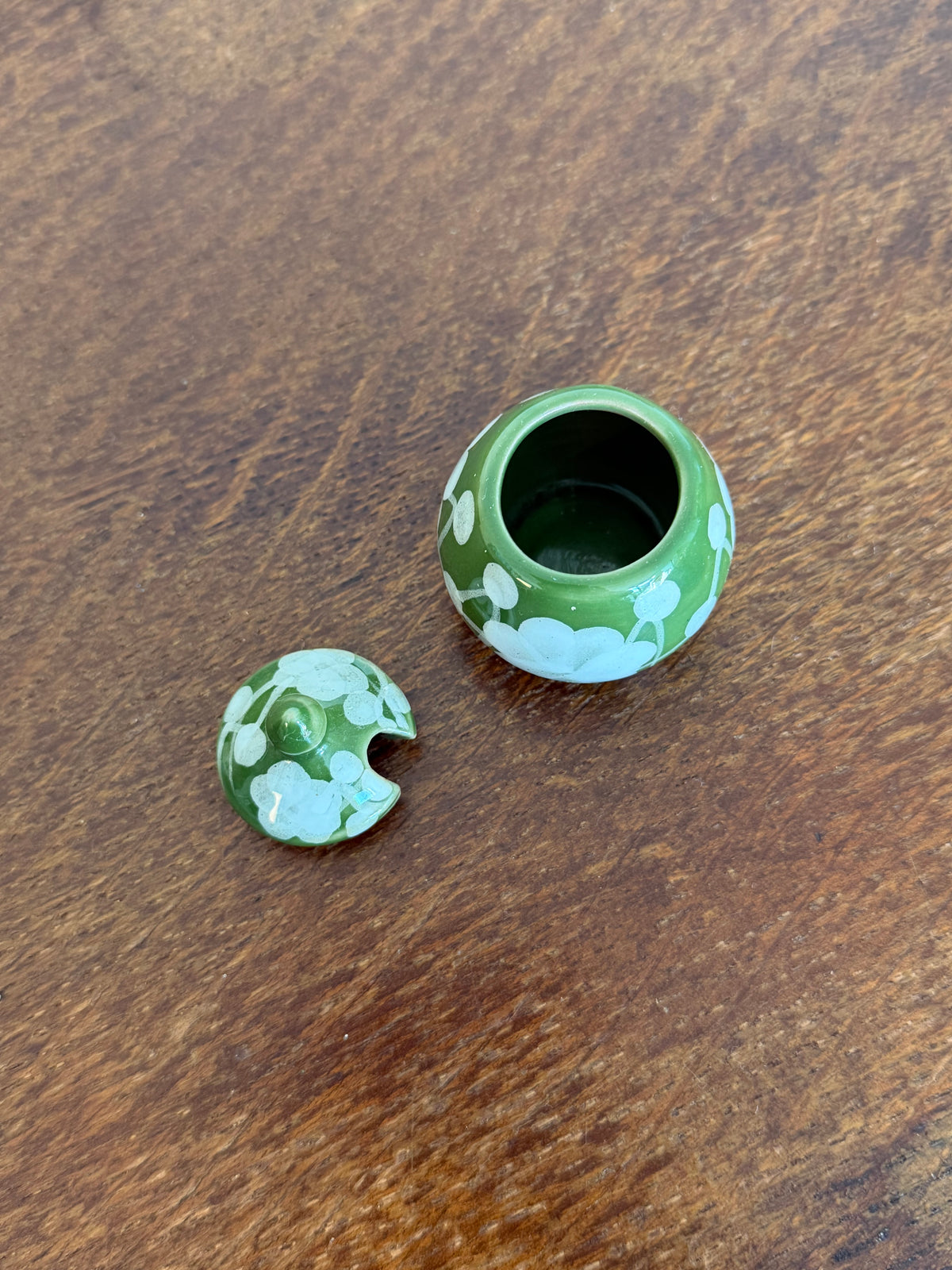 Vintage 1970s Hand Painted Thai Green Floral Ceramic Condiment Set