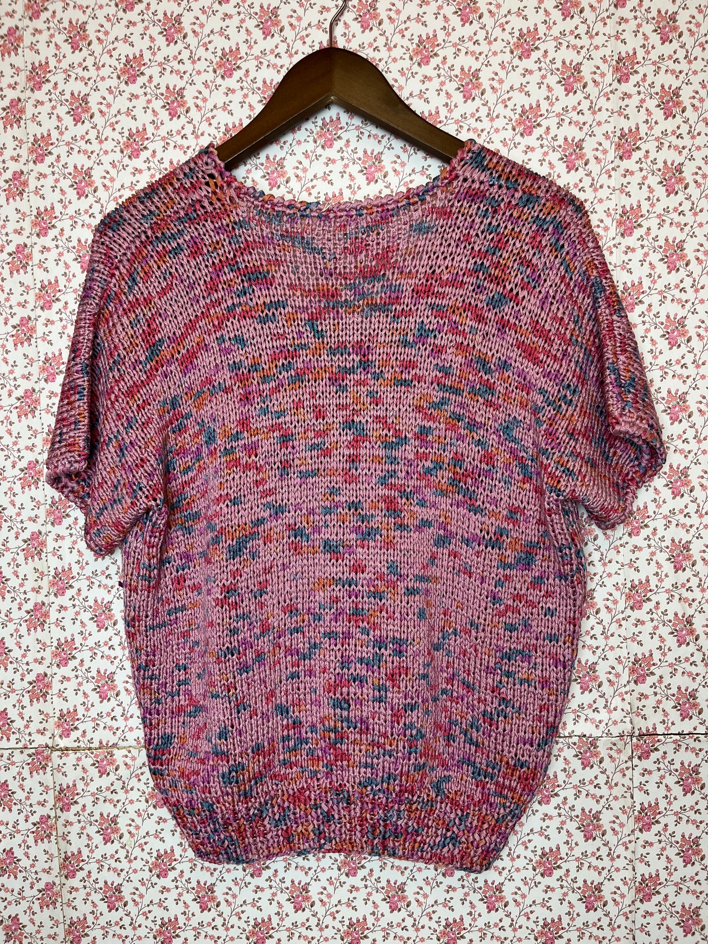 Vintage 1950s Style Hand Knitted Pink & Multi Jumper Top