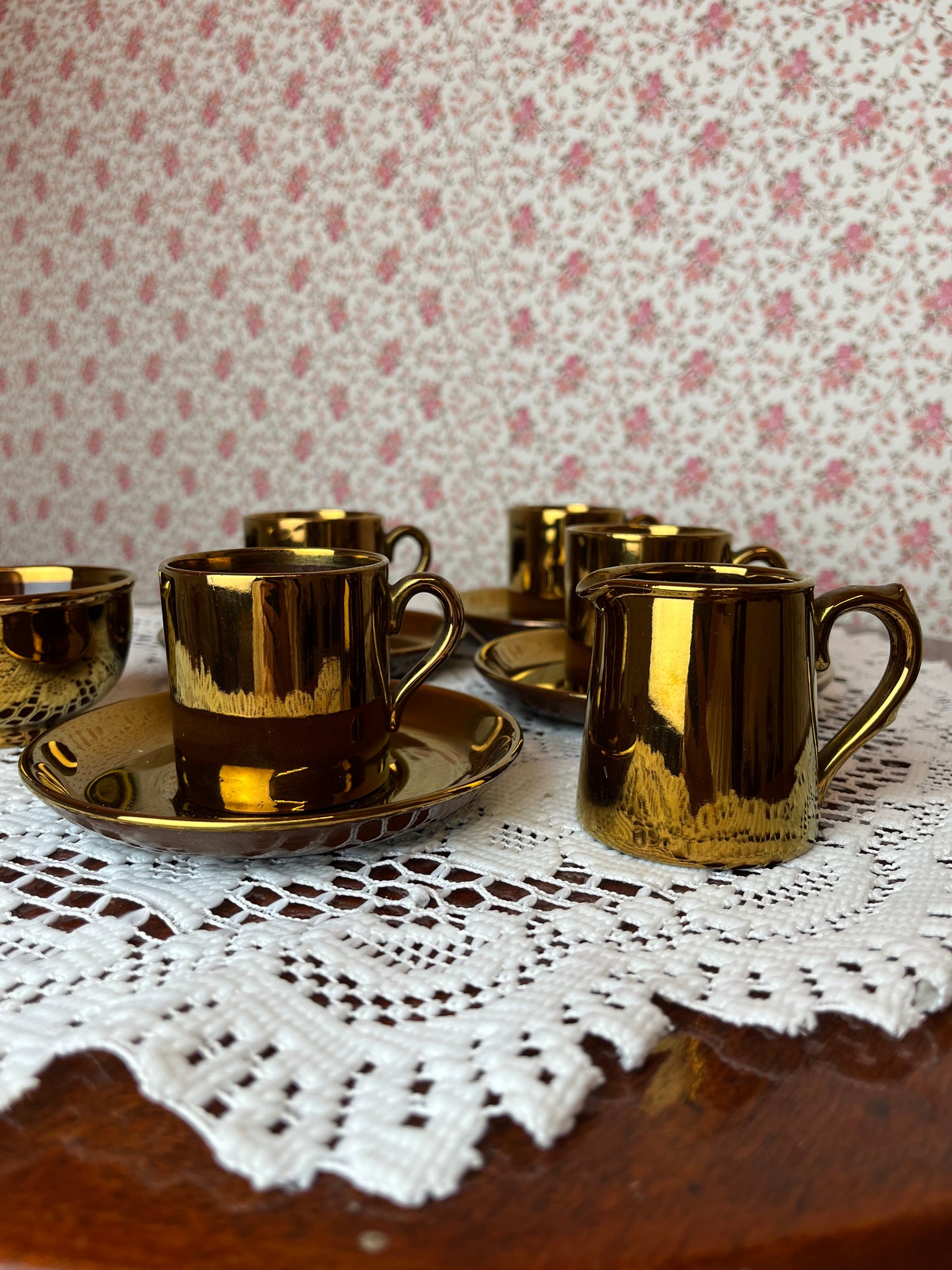 Vintage Rare Copper Metallic Pottery Espresso Set of 4