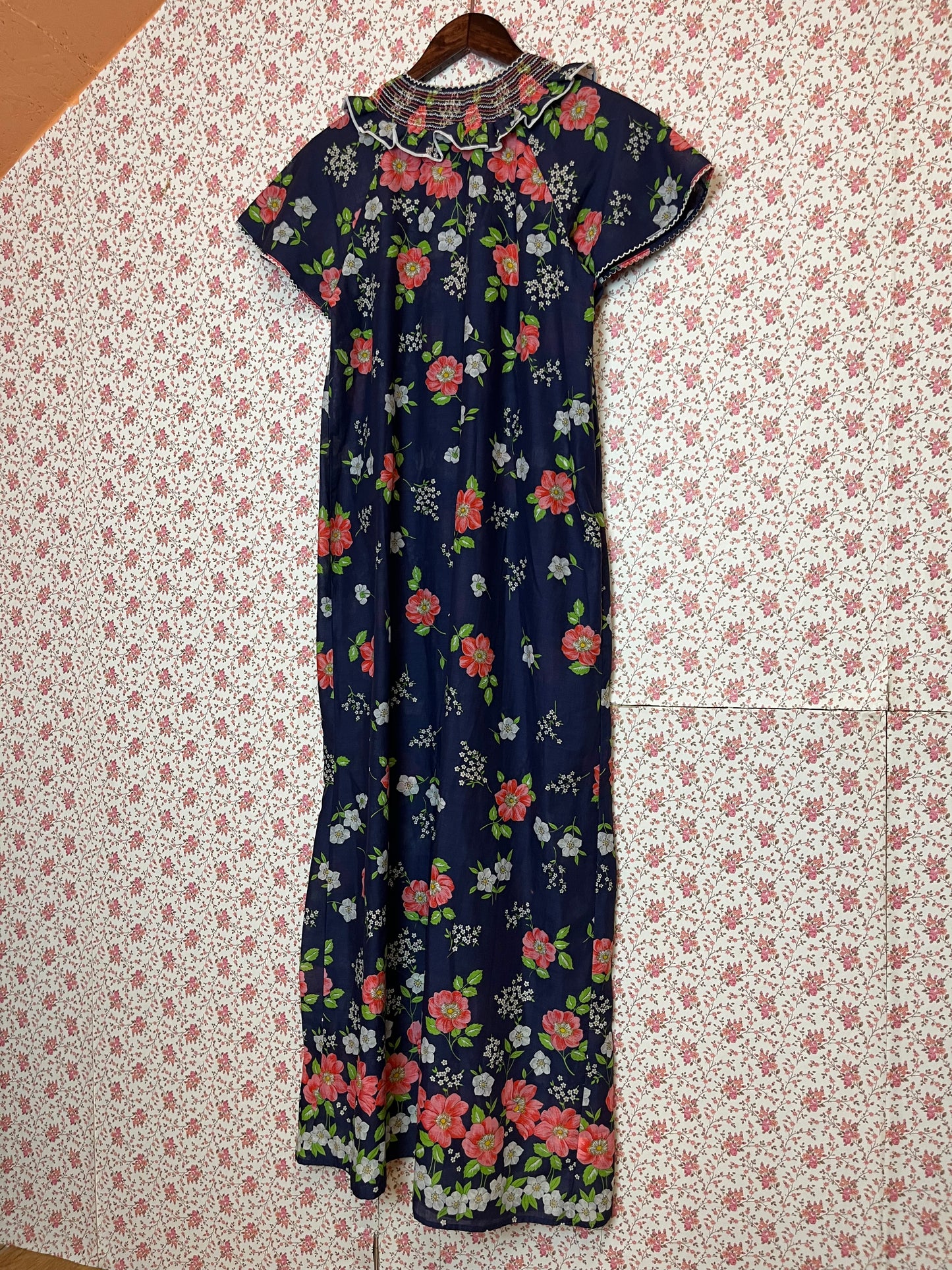 Vintage 1970s Smocked Floral Maxi Shirt Dress