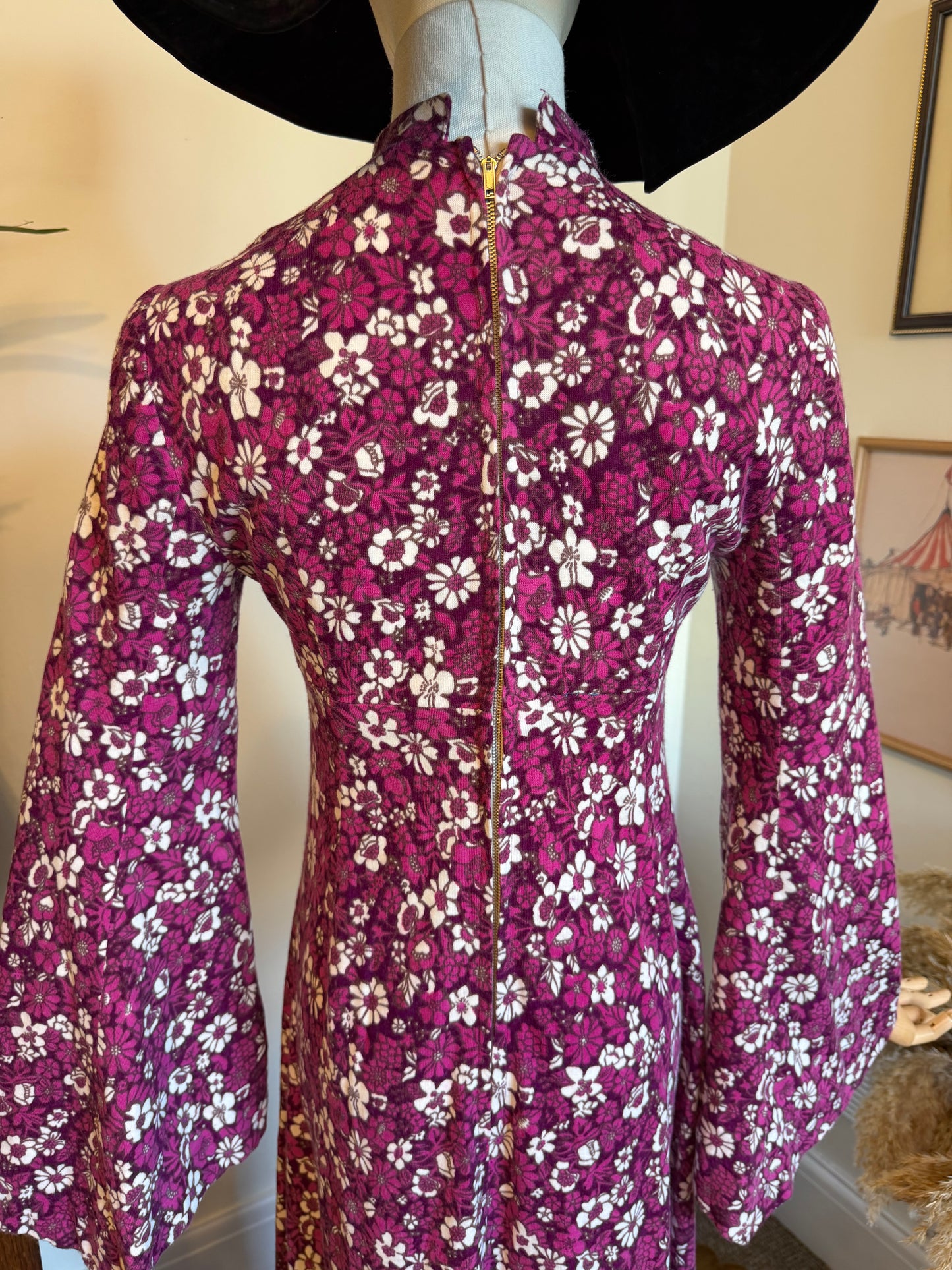 Vintage 1970s Purple Floral High Neck Bell Sleeve Maxi Dress - Size Small