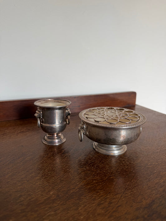 Vintage Silver-Plated Lion Head Flower Frog & Bud Vase Set