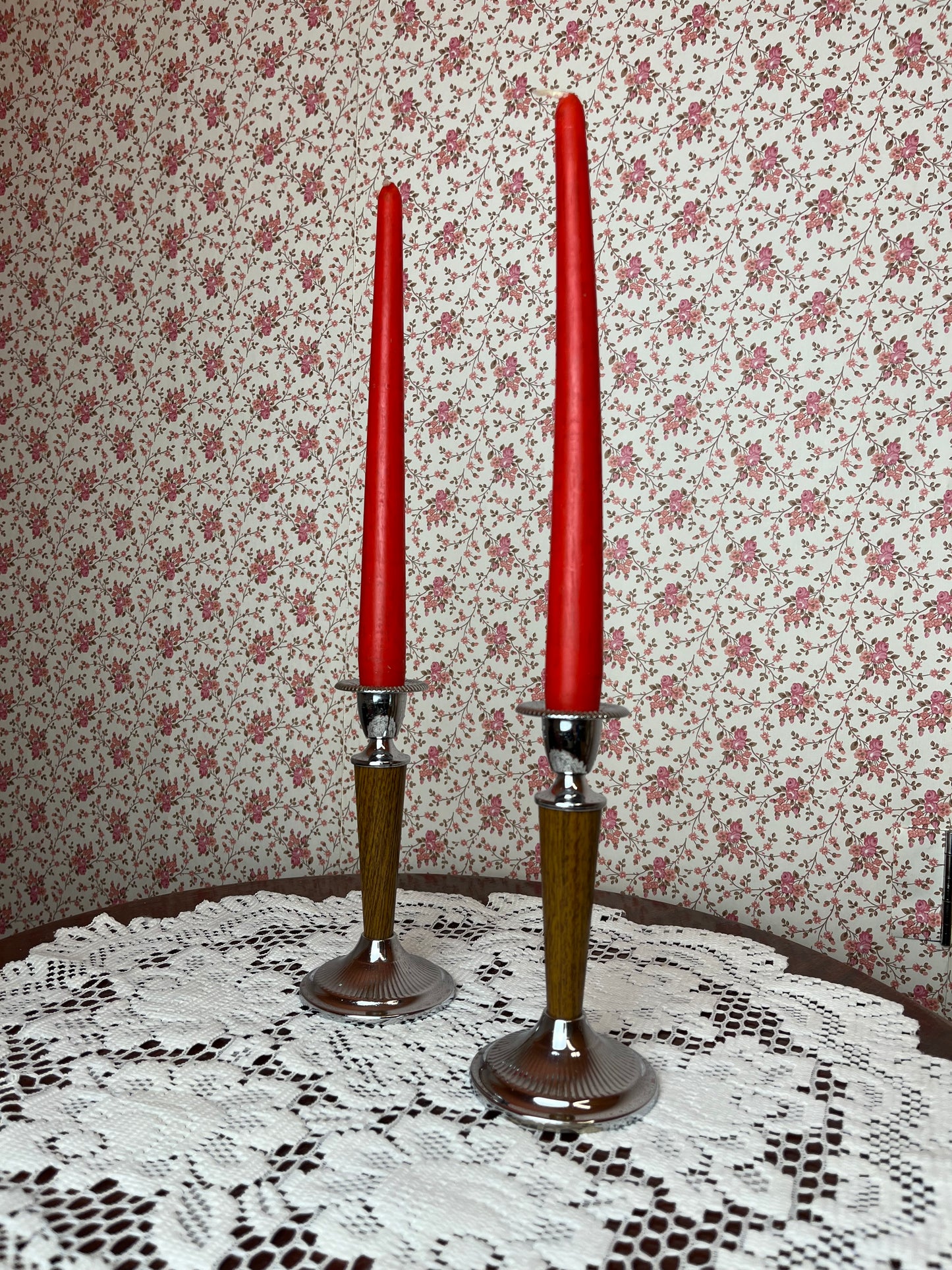 Vintage Mid-Century Wood Effect Chrome Candlestick Holders