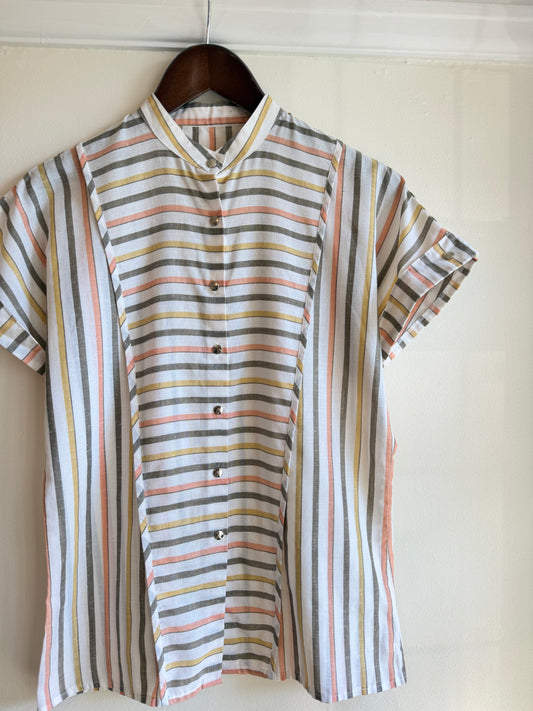 Vintage 1970s Pastel Stripe Mandarin Collar Button Front Blouse - Size Medium