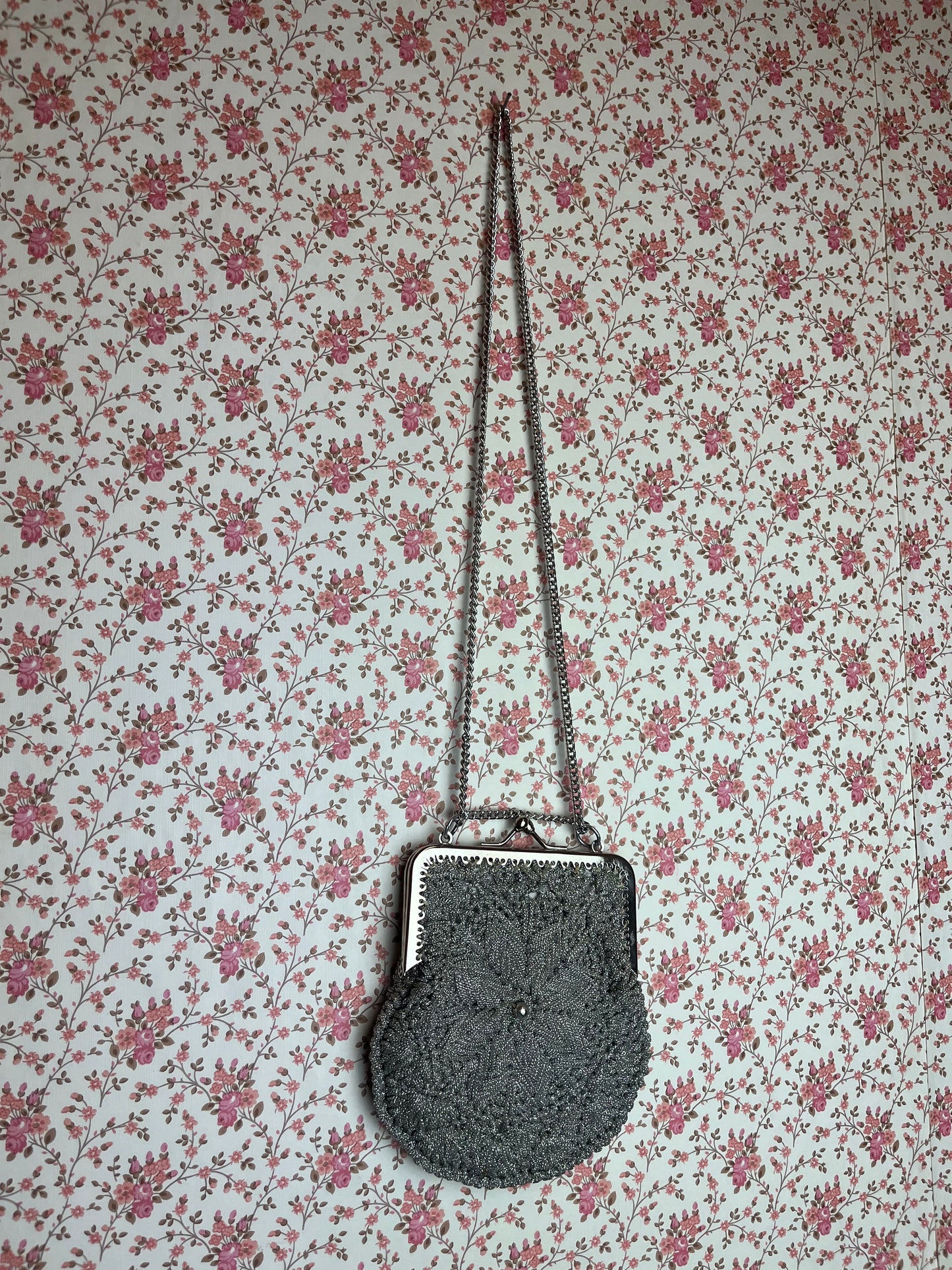 Vintage 1970s Original Hand Made Silver ‘Snowflake’ Crochet Evening Bag