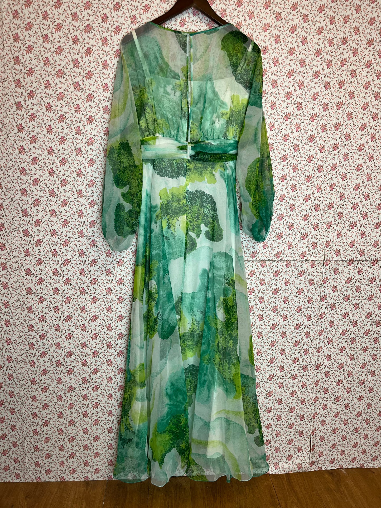 Vintage 1960s Abstract Green Chiffon Long Sleeve Maxi Princess Dress
