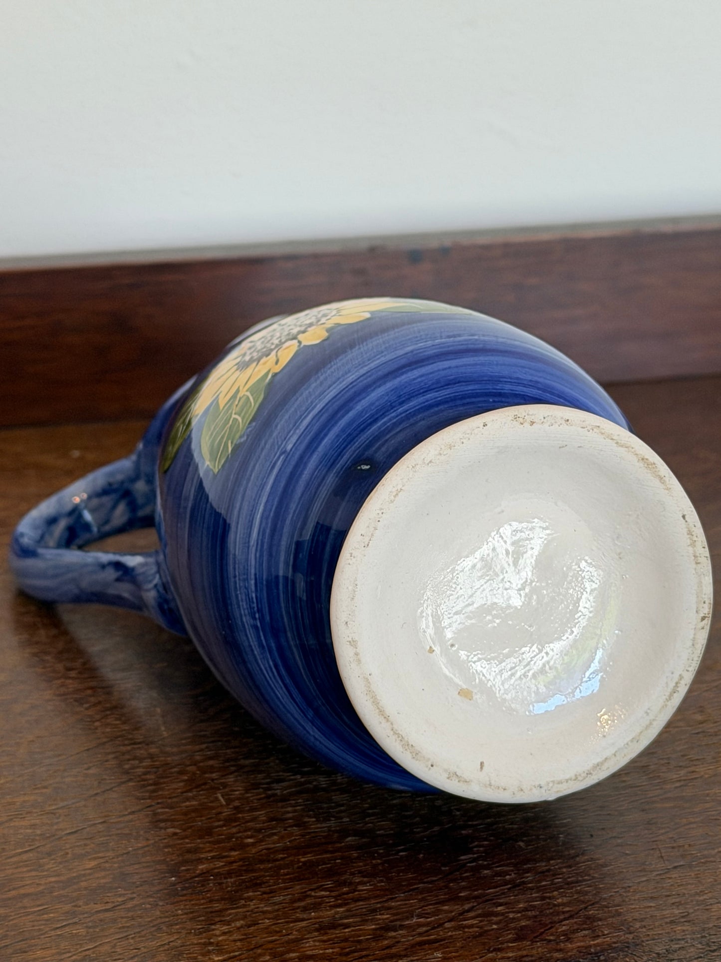 Vintage Hand-Painted Blue Sunflower Ceramic Jug