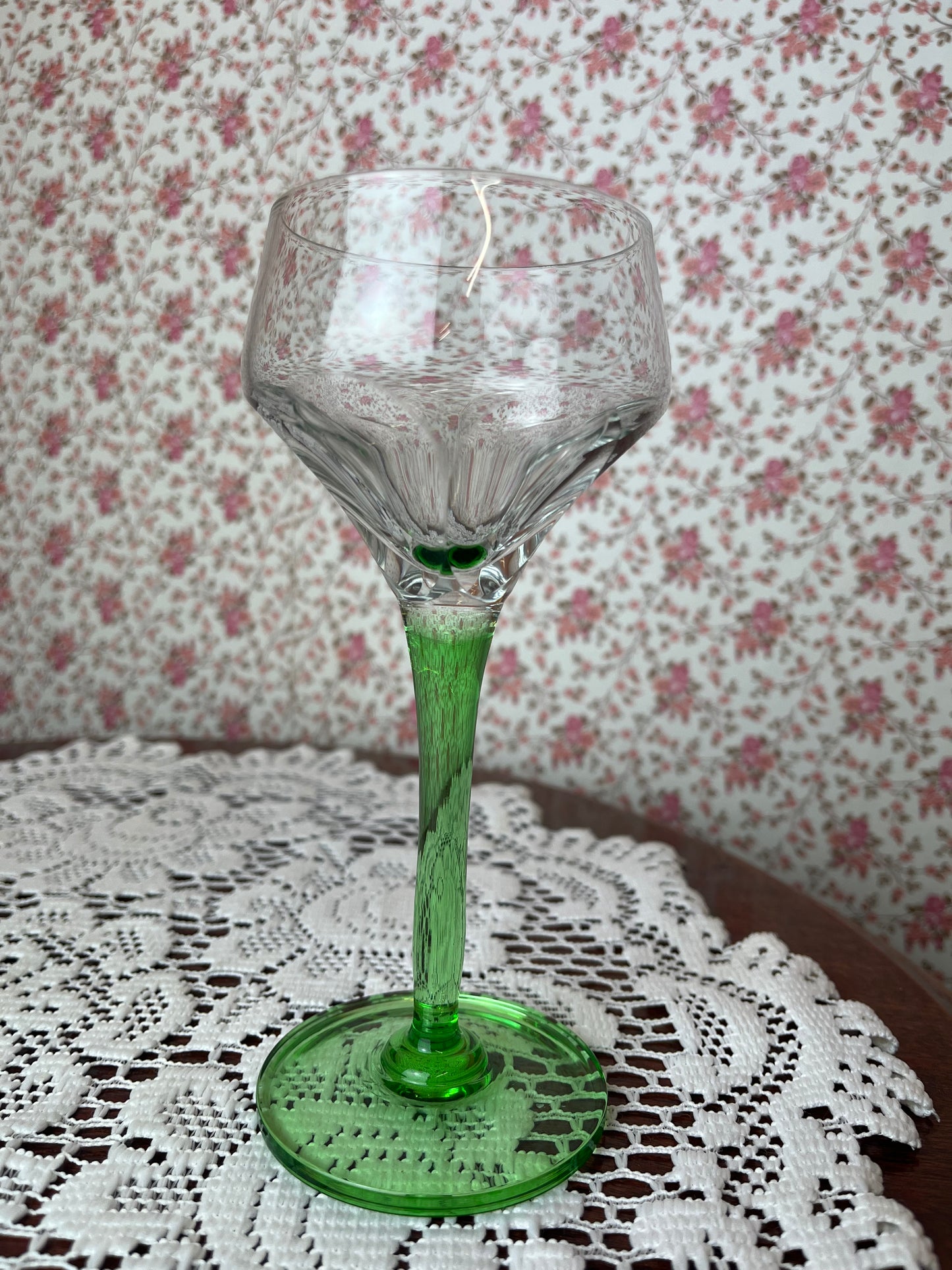 Vintage 1930s Art Deco Green Stem Tapered Wine Hock Glasses set of 2