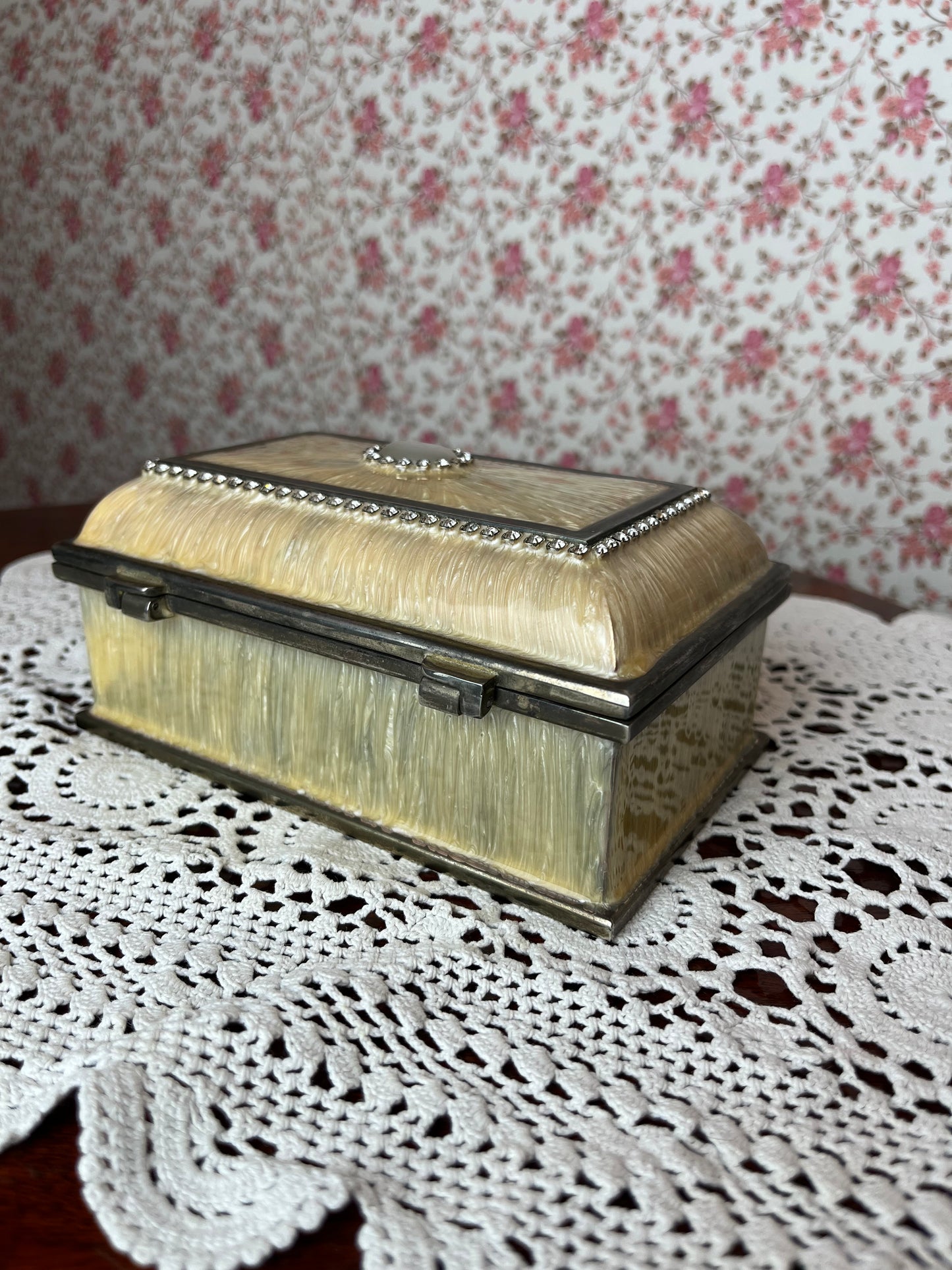 Vintage Silver Plated Ivory Resin Jewellery Box