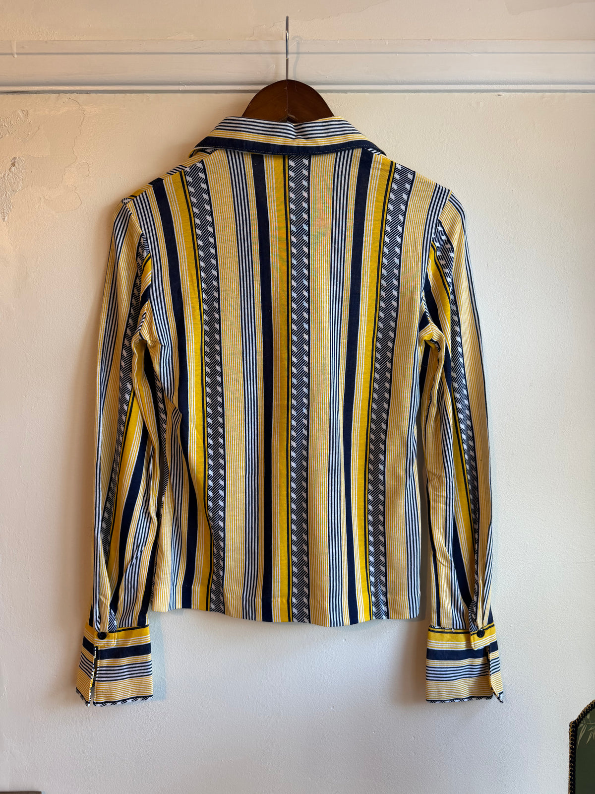 Vintage 1970s Yellow Navy Striped Flared Cuff Shirt - Size Medium