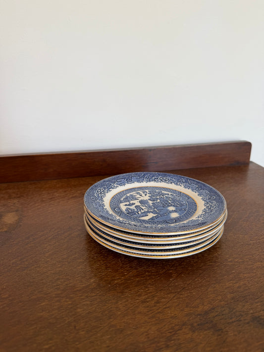 Vintage Staffordshire Blue & White Transferware Plate Set (6 Plates)