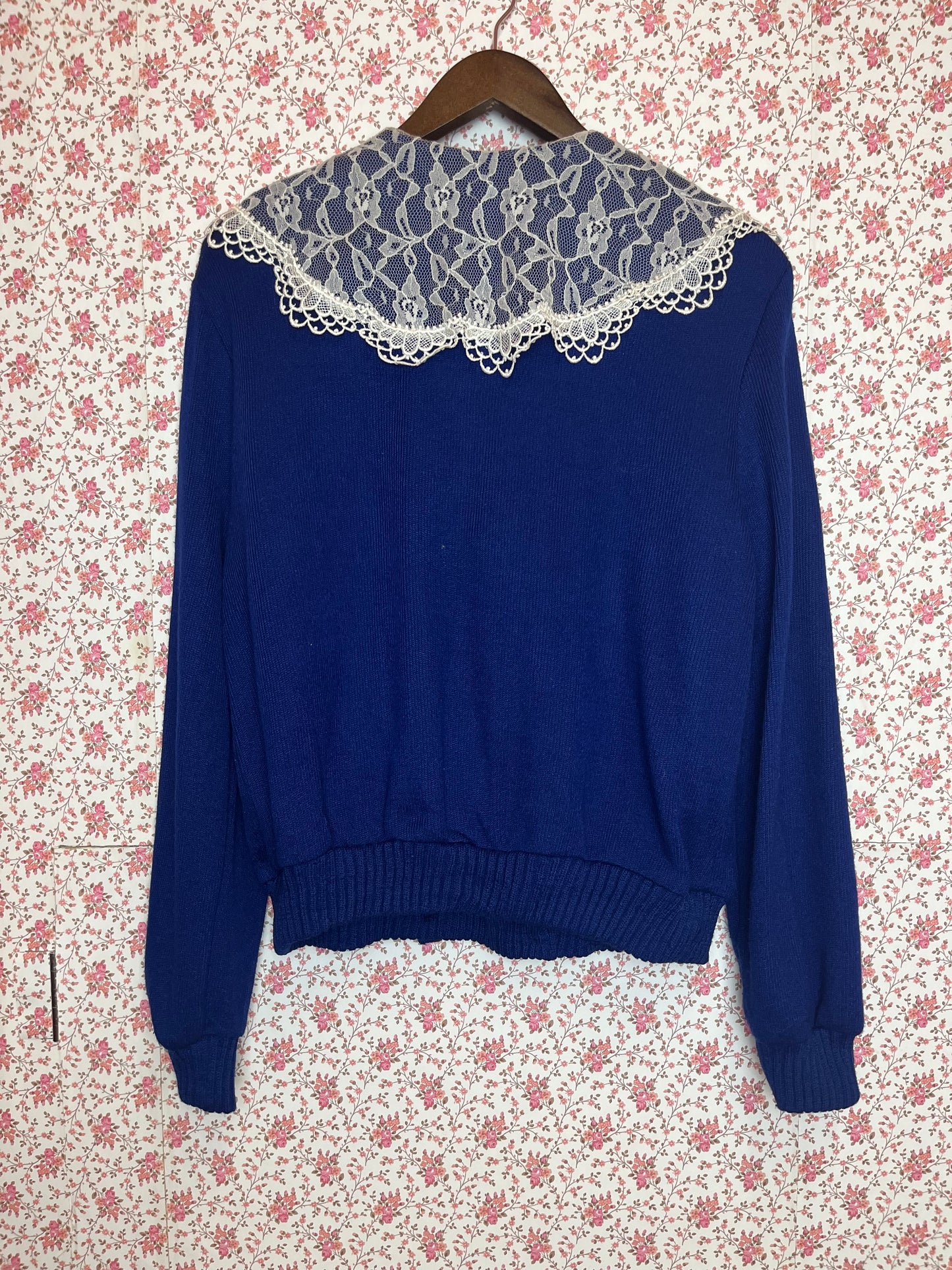 Vintage 1980s Blue Fine Knit Cardigan with Lac