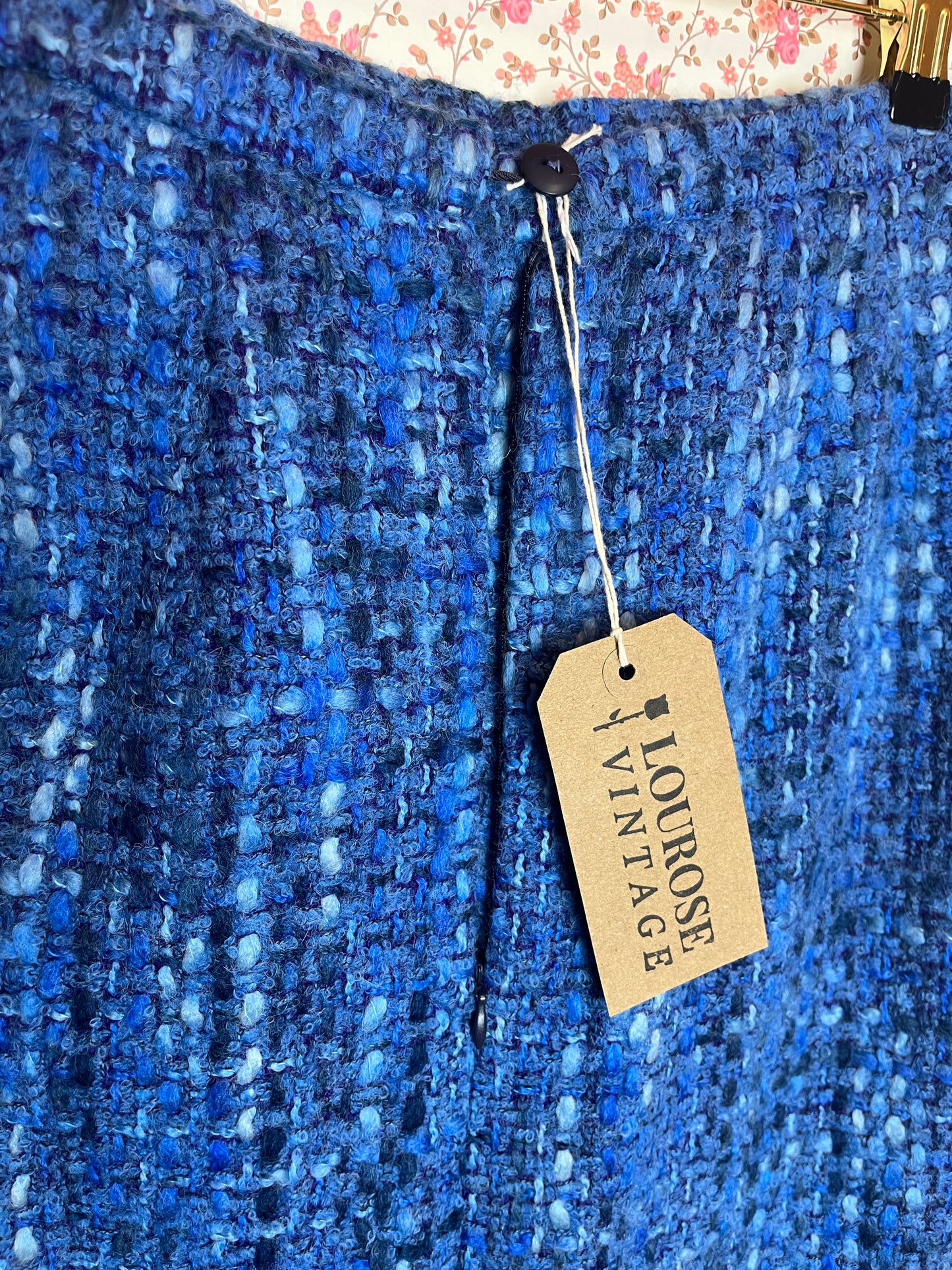 Vintage 1960s Blue Boucle High Waisted Midi Pencil Skirt