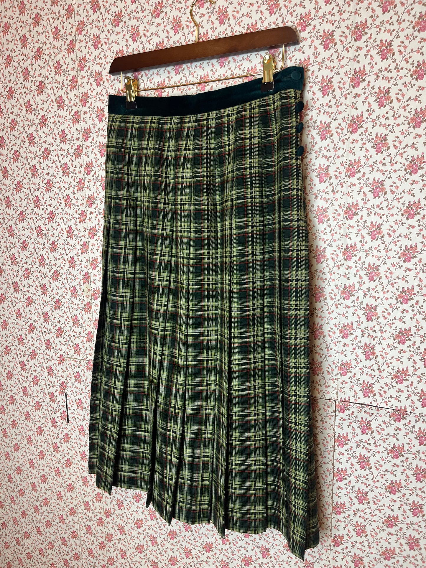 Vintage 1980s Green Checked Pleated Midi Skirt with Velvet
