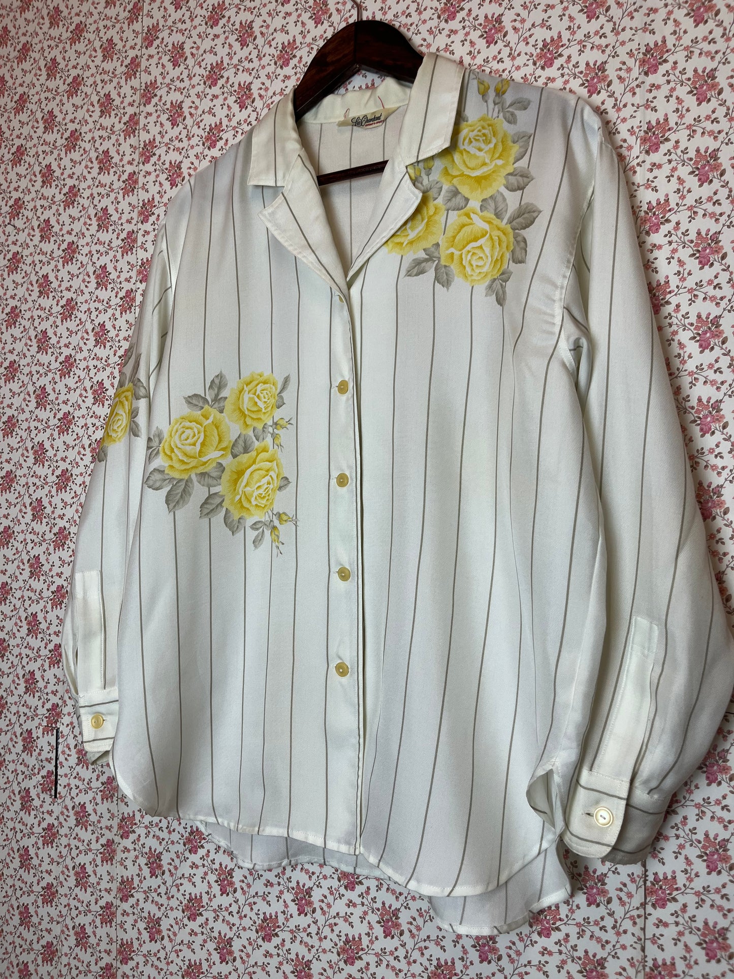 Vintage 1980s Striped Shirt with Yellow Roses