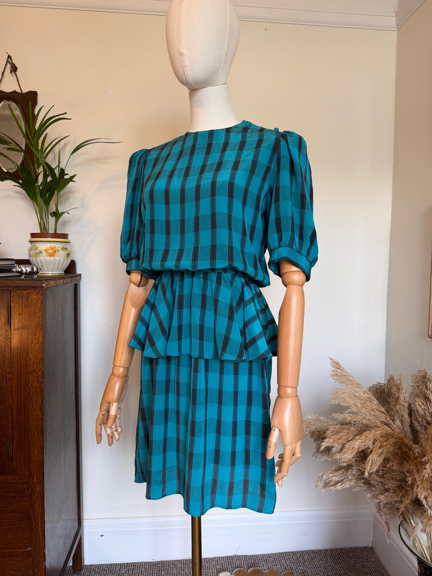 Vintage 1980s Checked Peplum Mini Dress - Size Small/Medium