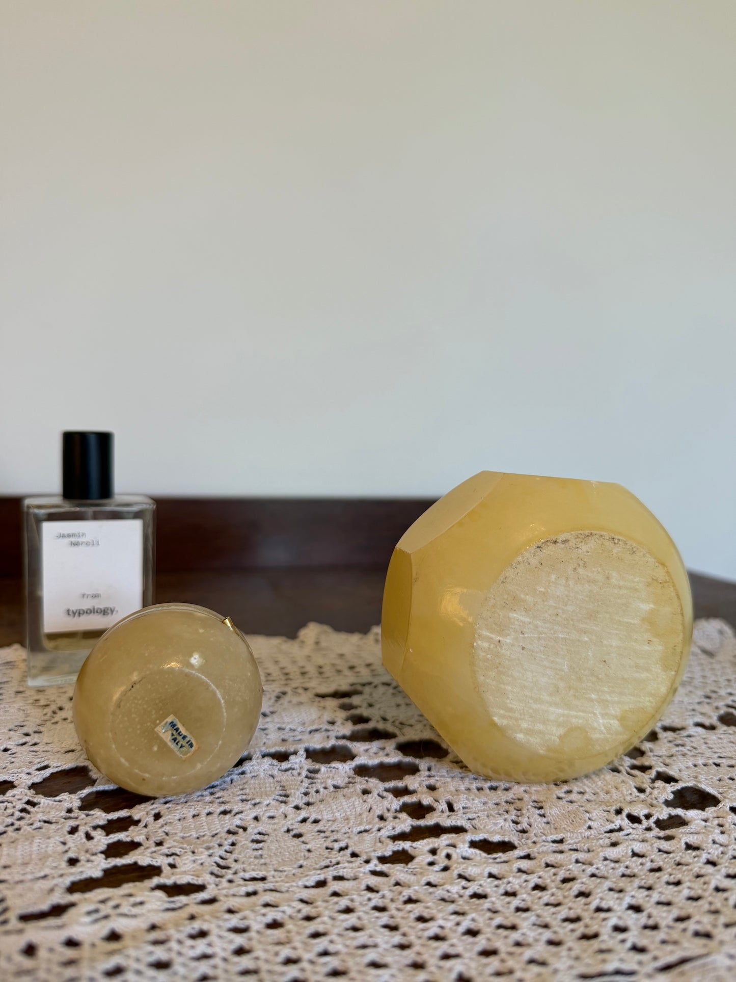 Vintage Alabaster Apple Trinket Box & Faceted Alabaster Jewellery Pot Set