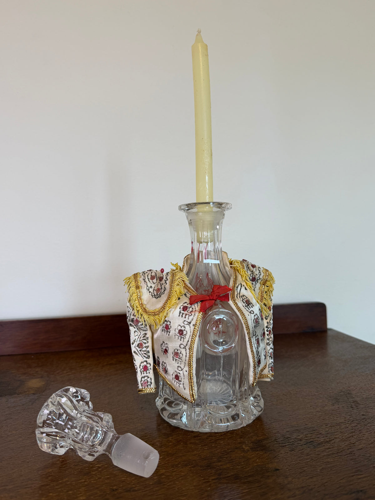 Vintage Crystal Glass Decanter with Embroidered Spanish Bottle Cover