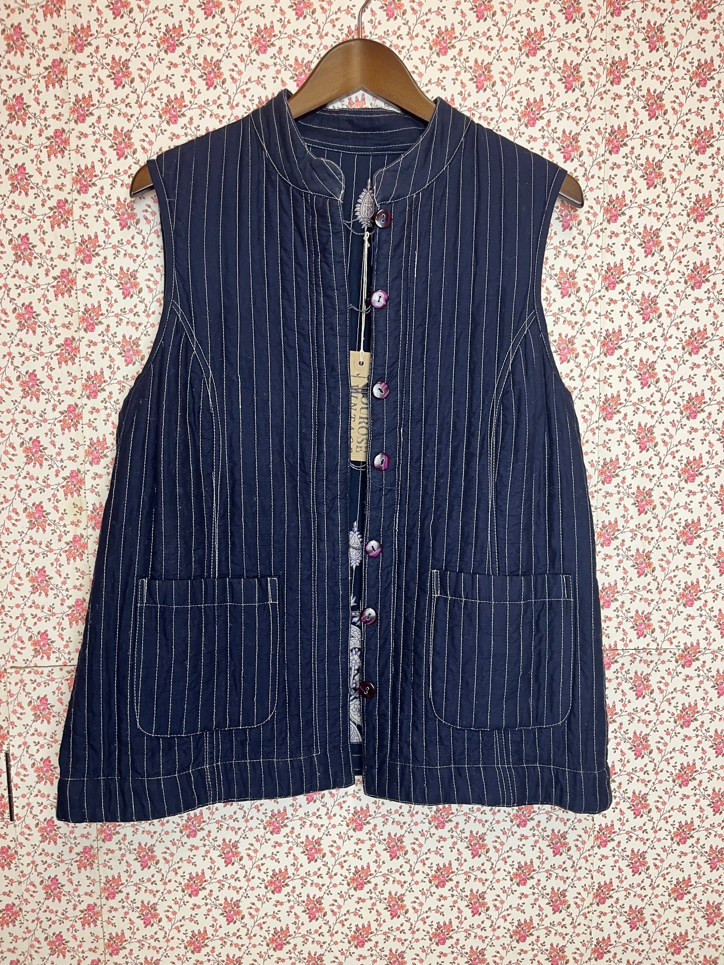Vintage 1970s Reversible Quilted Paisley Printed Navy Waistcoat