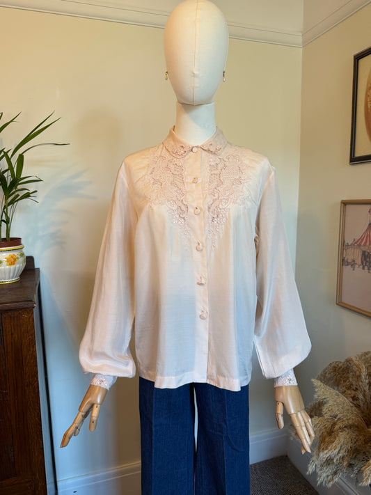 Vintage 1970s Blush Silk Embroidered Blouse - Size Medium