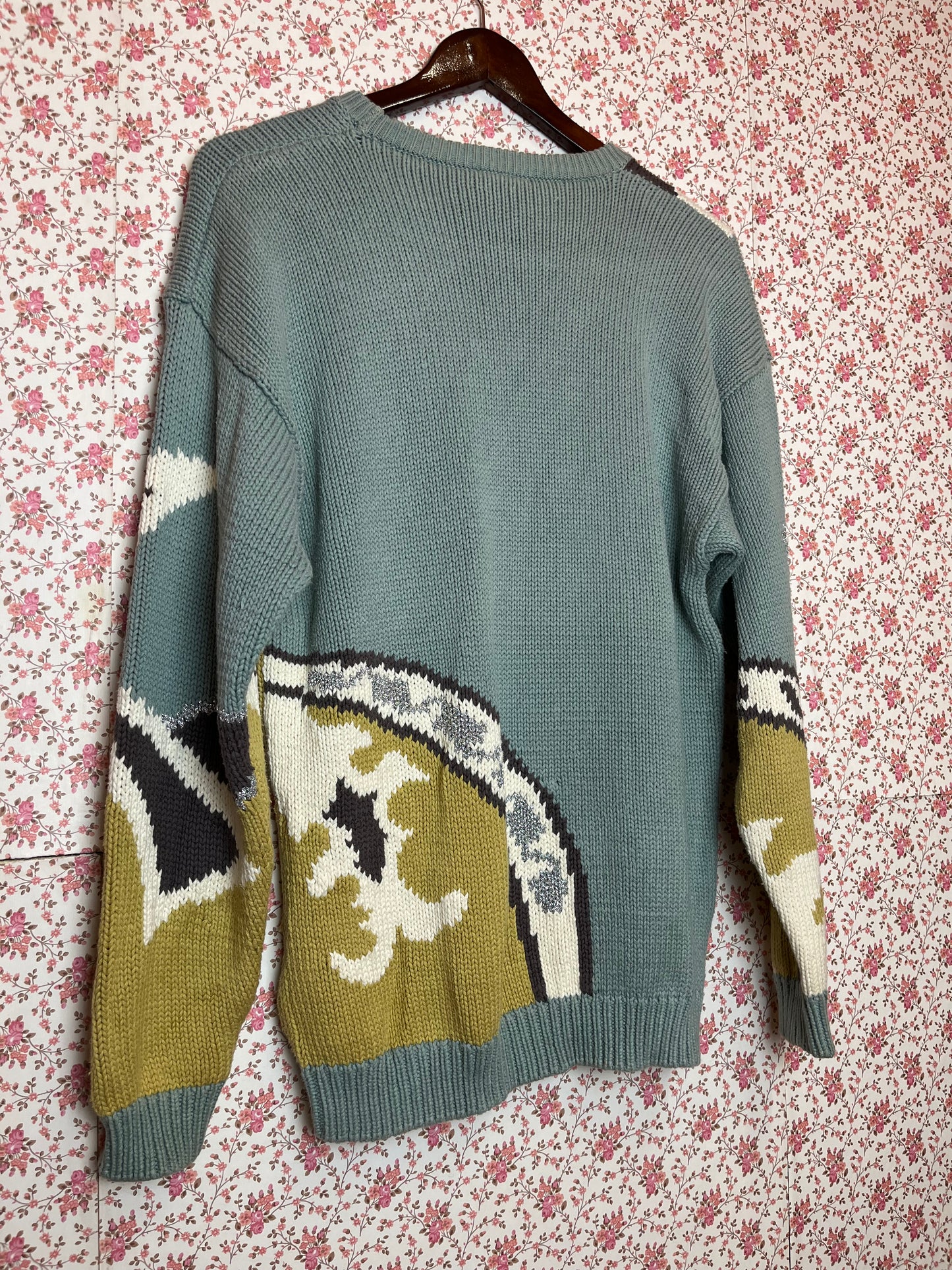 Vintage 1980s Blue & Yellow Abstract Pattern Knitted Cotton Jumper
