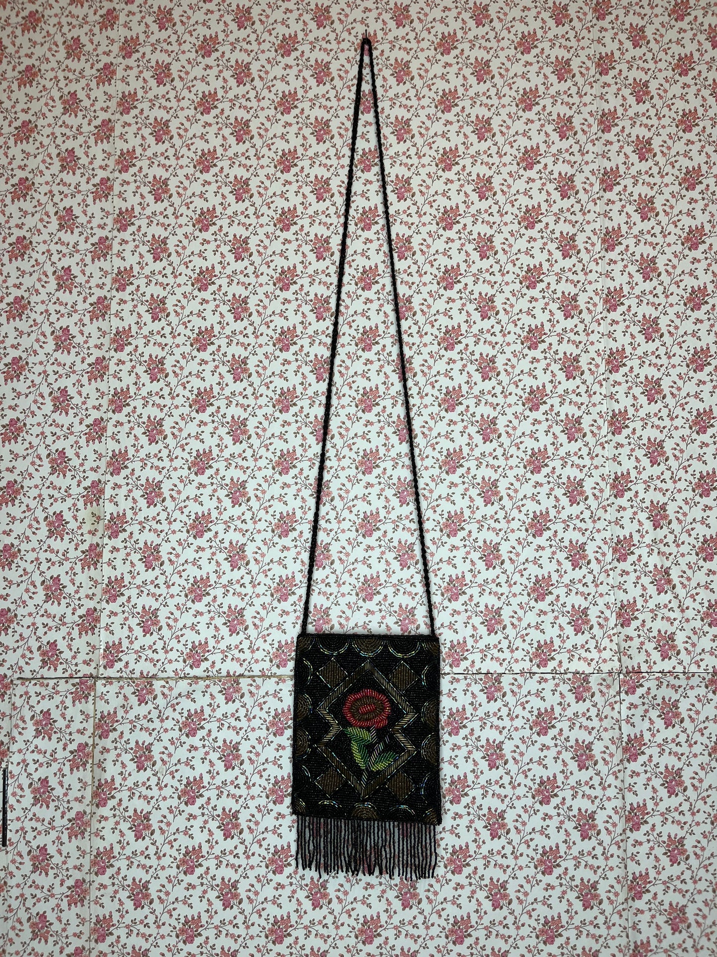Vintage Full Beaded Rose Motif Crossbody Bag