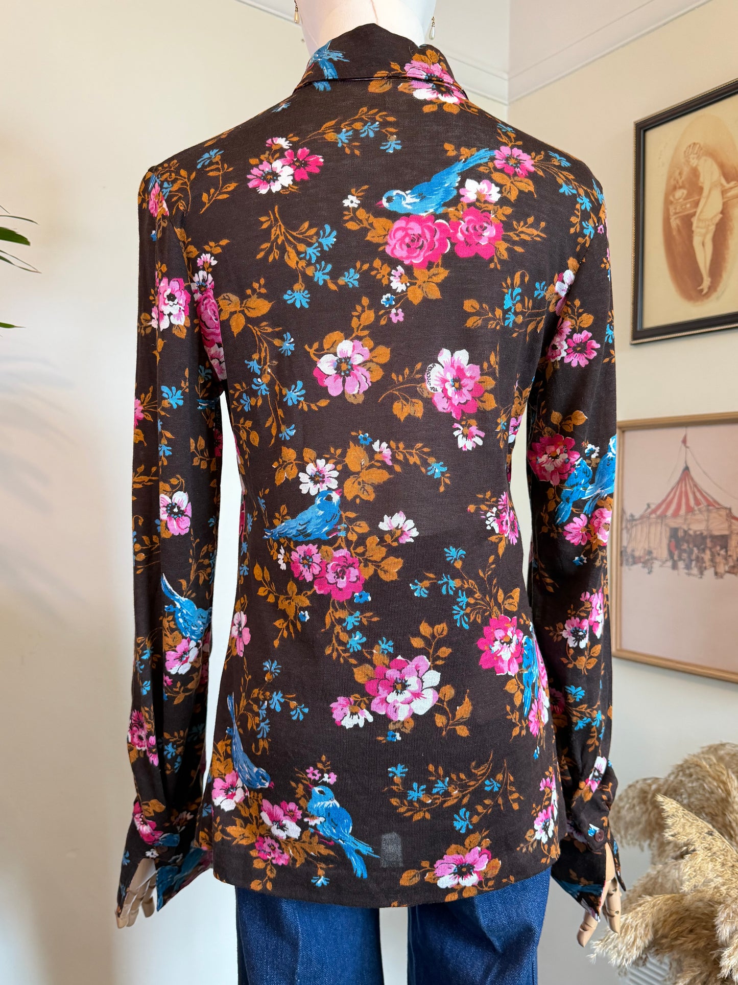 Vintage 1970s Chocolate Brown Floral Popover Shirt - Size Medium