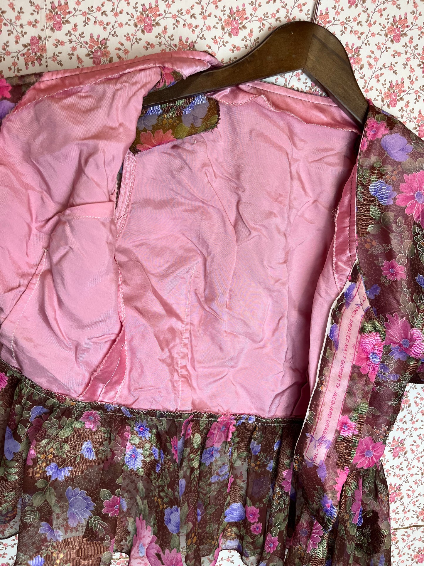 Vintage 1980s Hand Made Floral Jacquard Silk Georgette Peplum Top