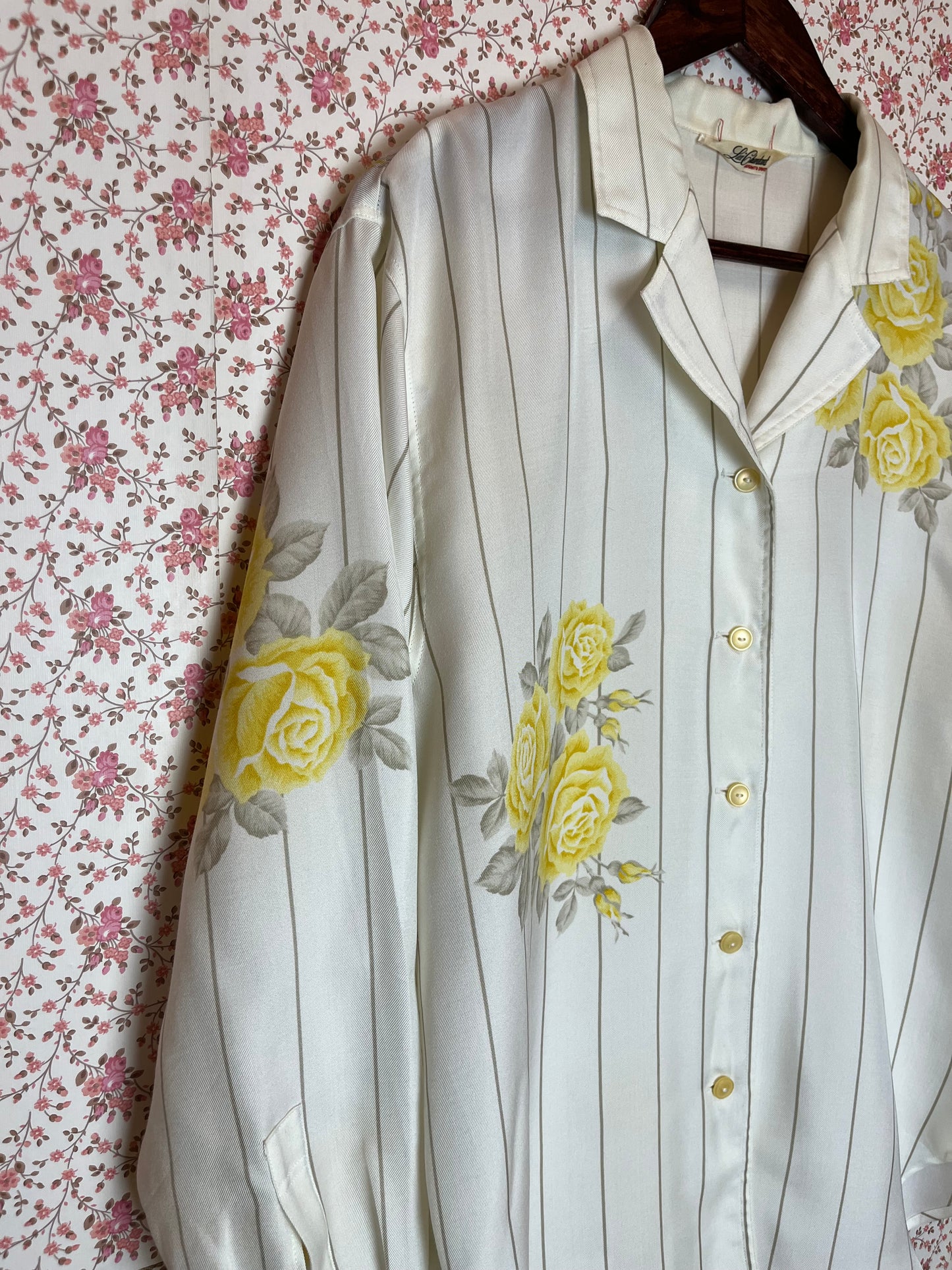 Vintage 1980s Striped Shirt with Yellow Roses