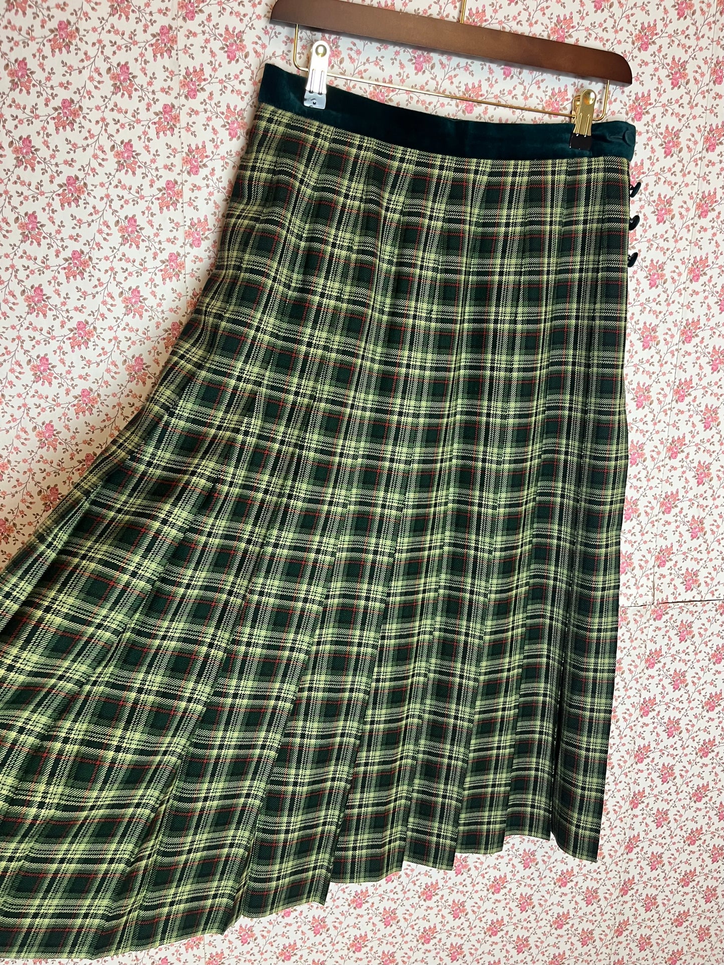 Vintage 1980s Green Checked Pleated Midi Skirt with Velvet