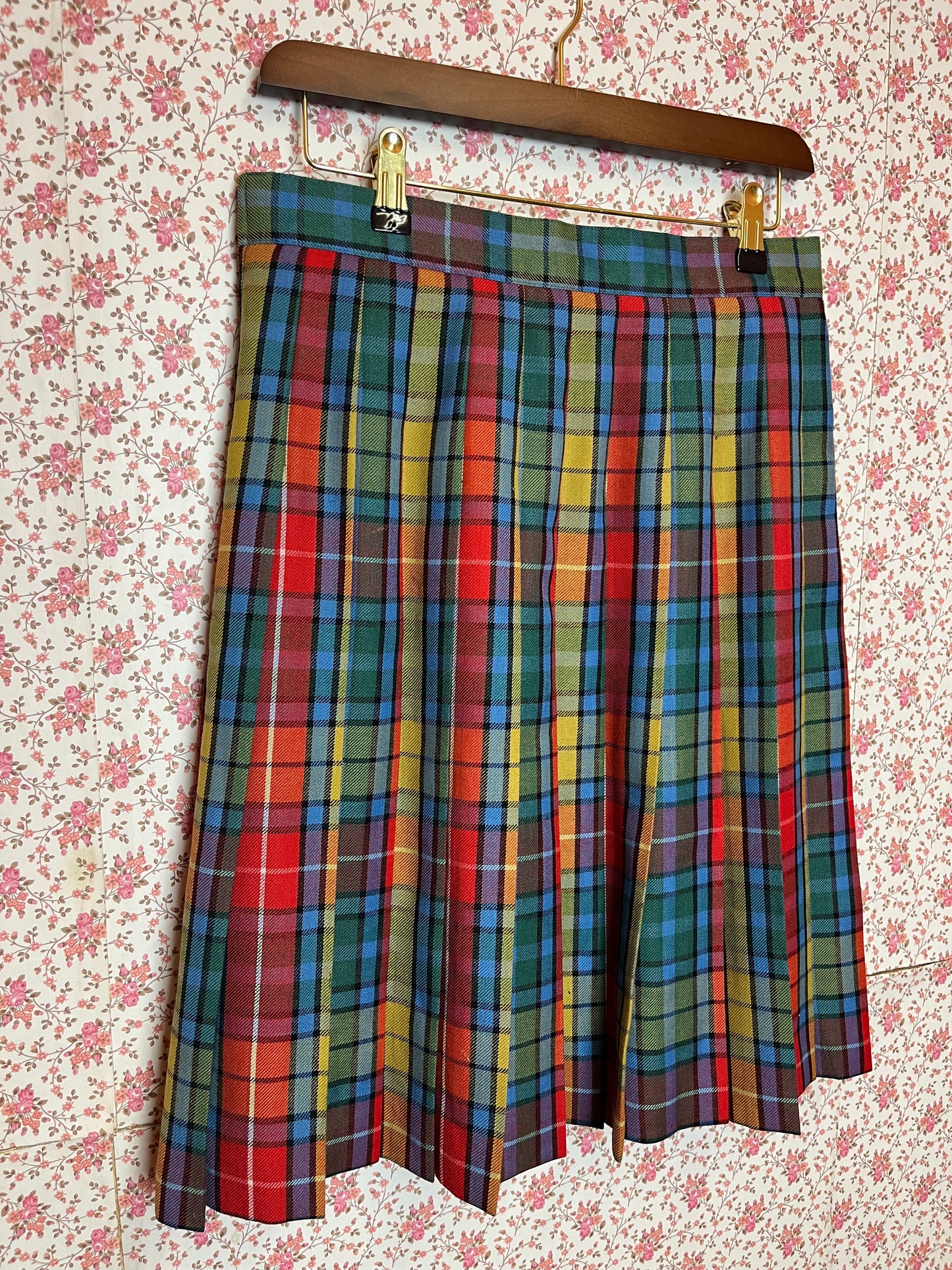 Vintage 1980s Multi Colour Checked Pleated Midi Skirt
