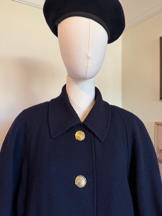 Vintage 1980s Jaeger Navy Blue Pure Wool Gold Button Coat - Size Large