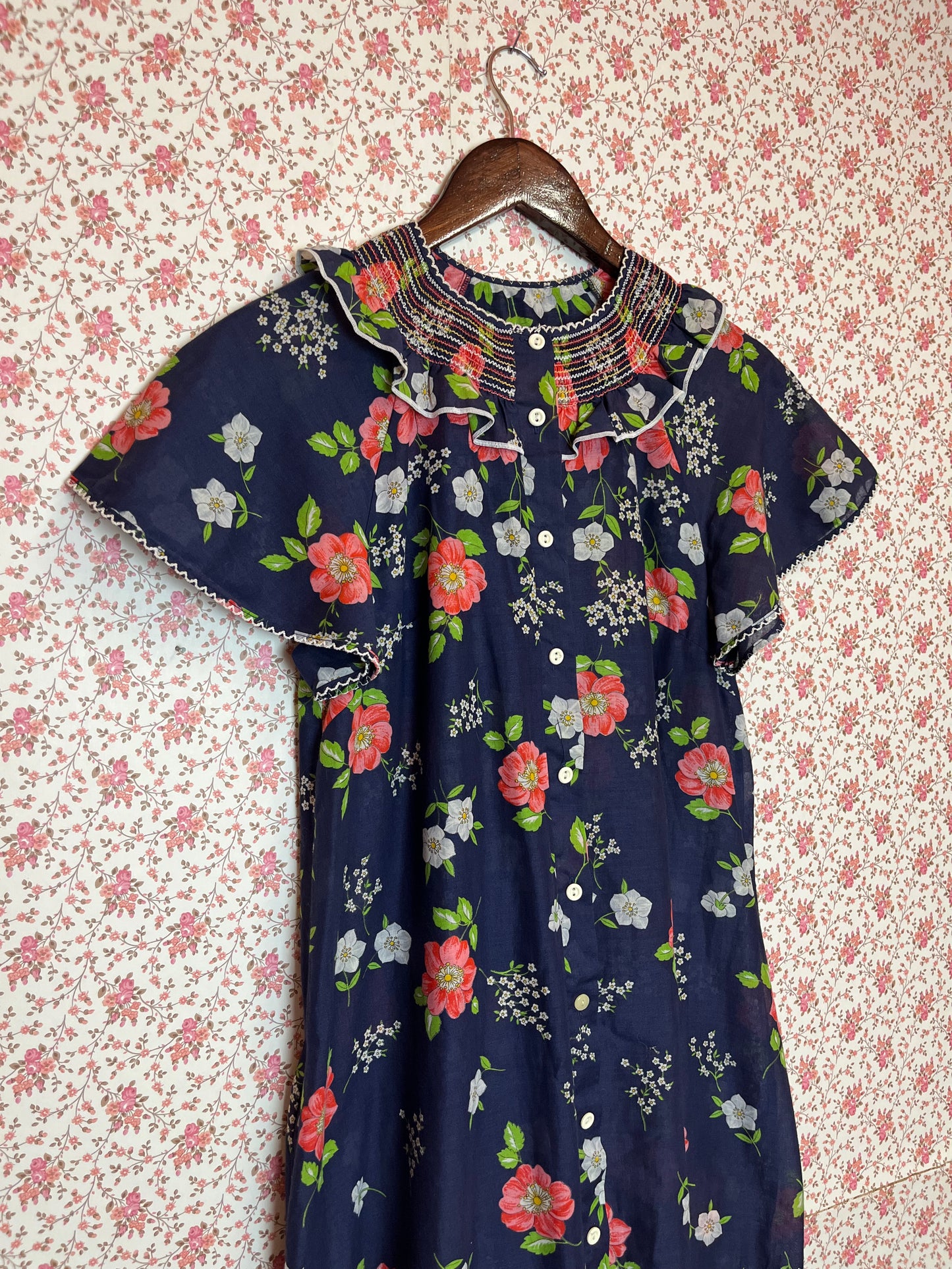 Vintage 1970s Smocked Floral Maxi Shirt Dress