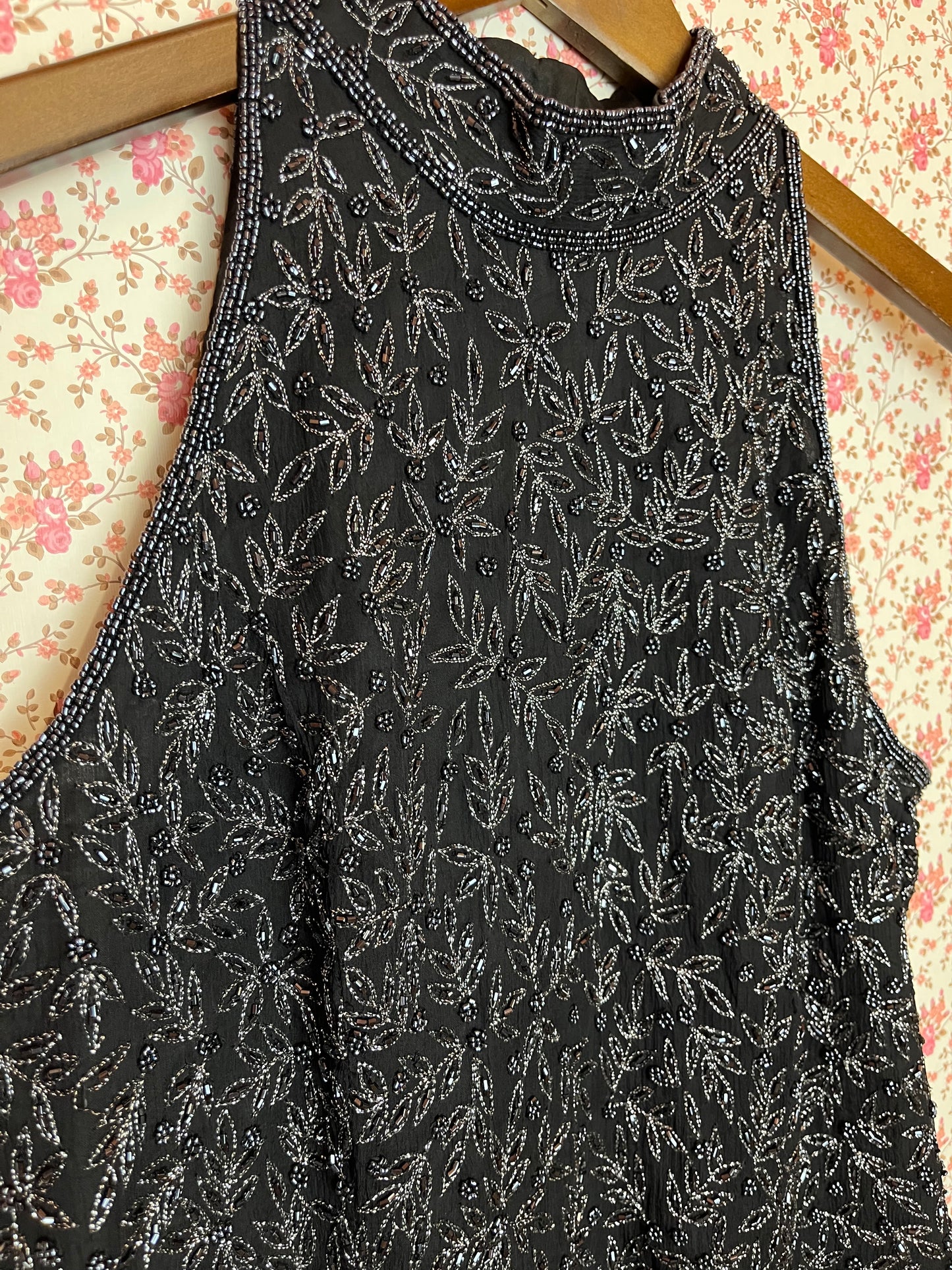 Vintage 1980s Beaded Embroidered High Neck Silk Top