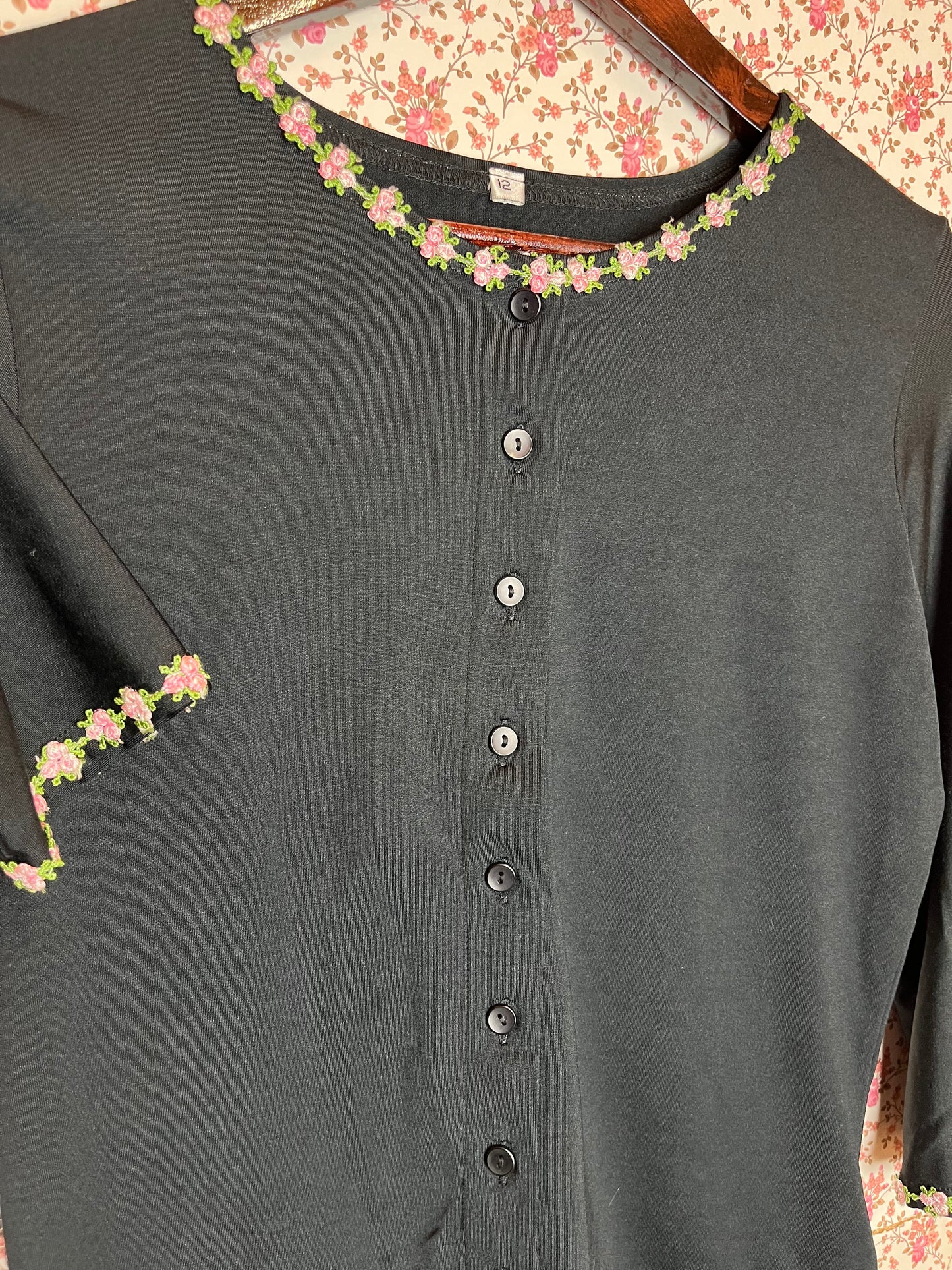 Vintage 1990s Black Jersey Cardigan with Rose Appliqué