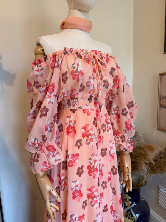 1970s vintage Richard shops pink floral ruffle maxi prairie dress retro style feminine dress