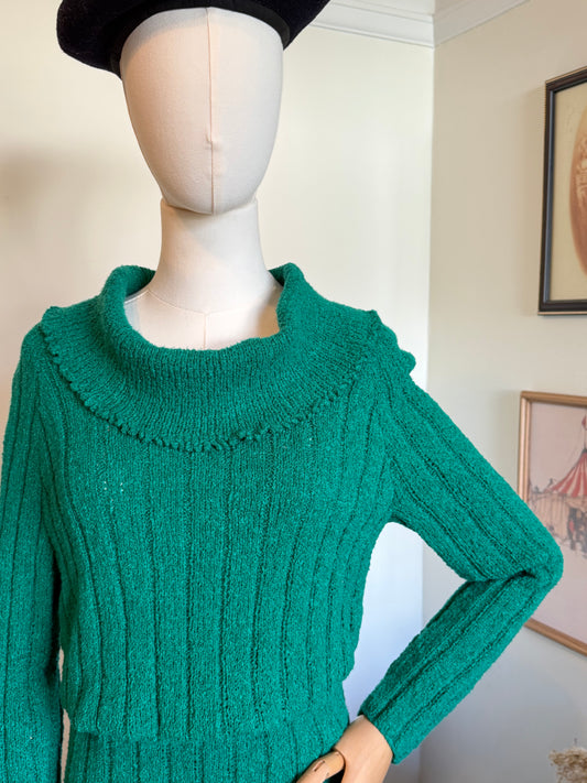 Vintage 1970s Emerald Green Knit Two Piece Set - Size Small/Medium