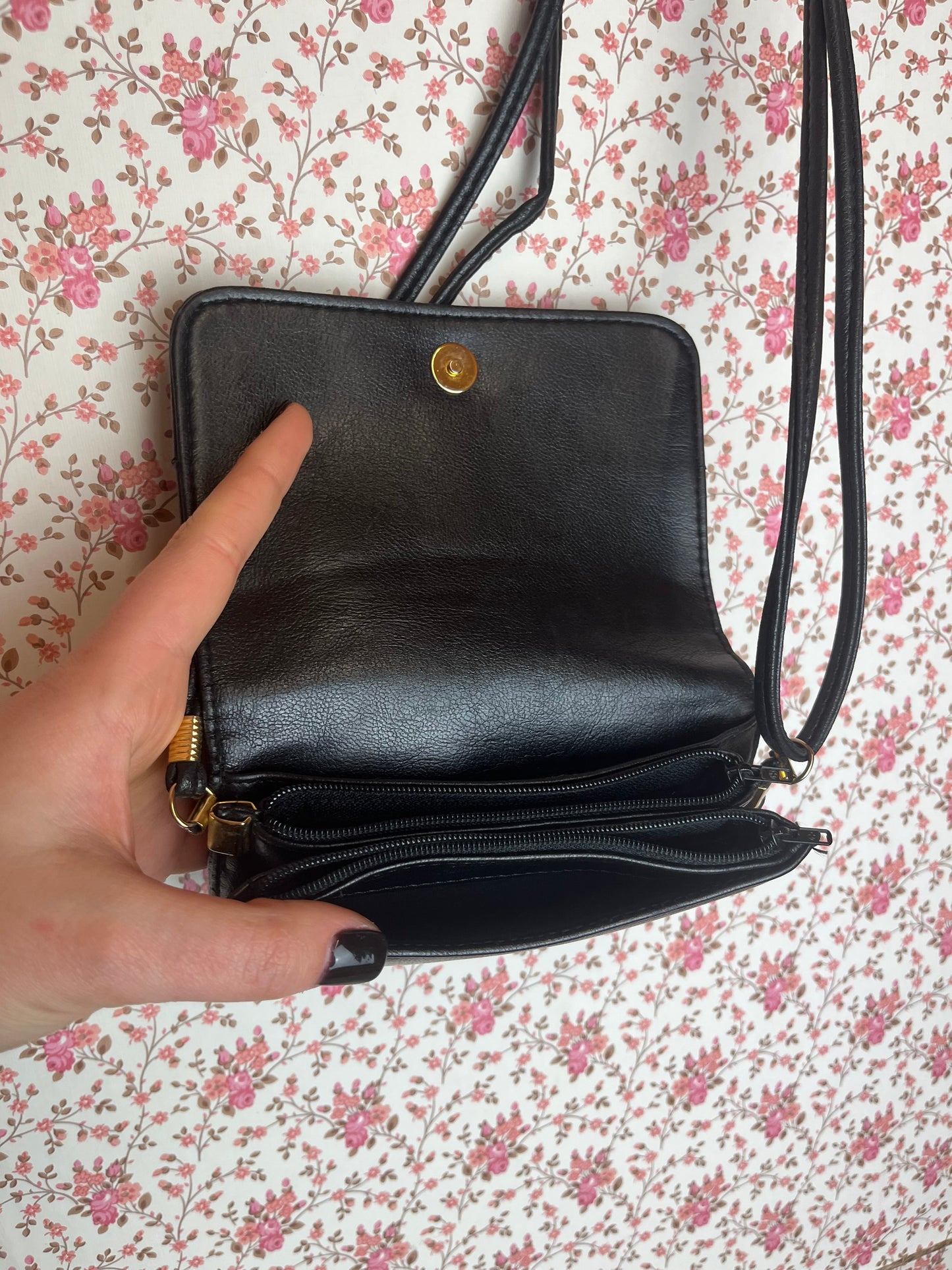 Vintage 1990s Black Leather Compartment Mini Crossbody Bag
