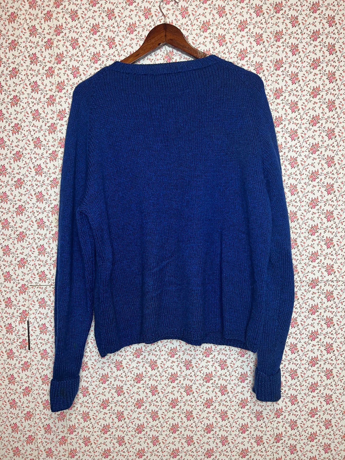 Vintage Hand Knitted Blue Wool Crew Neck Jumper