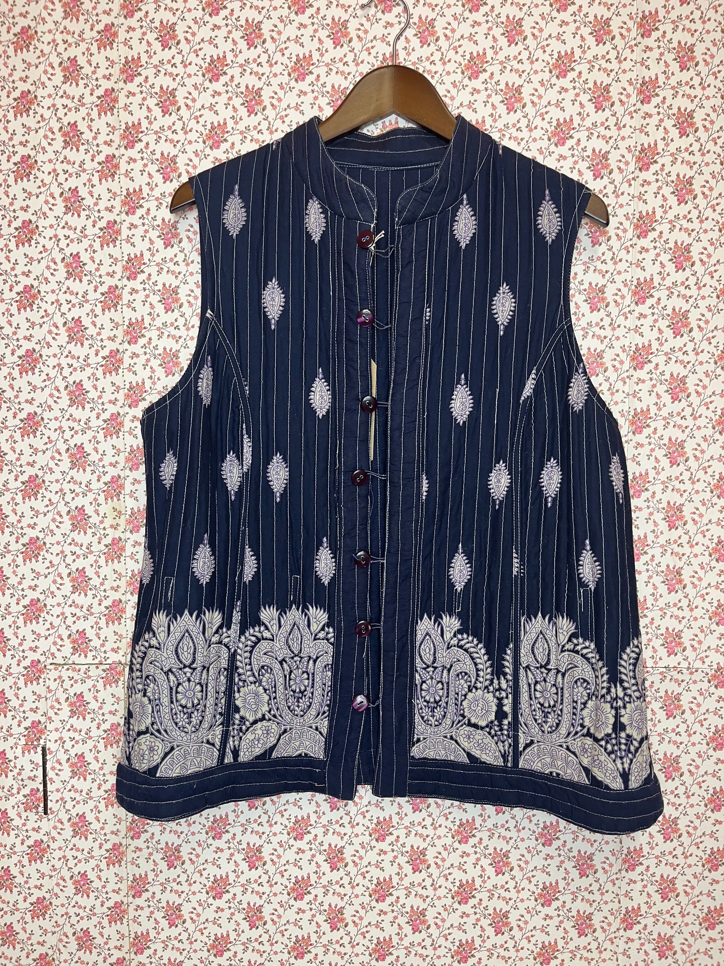 Vintage 1970s Reversible Quilted Paisley Printed Navy Waistcoat